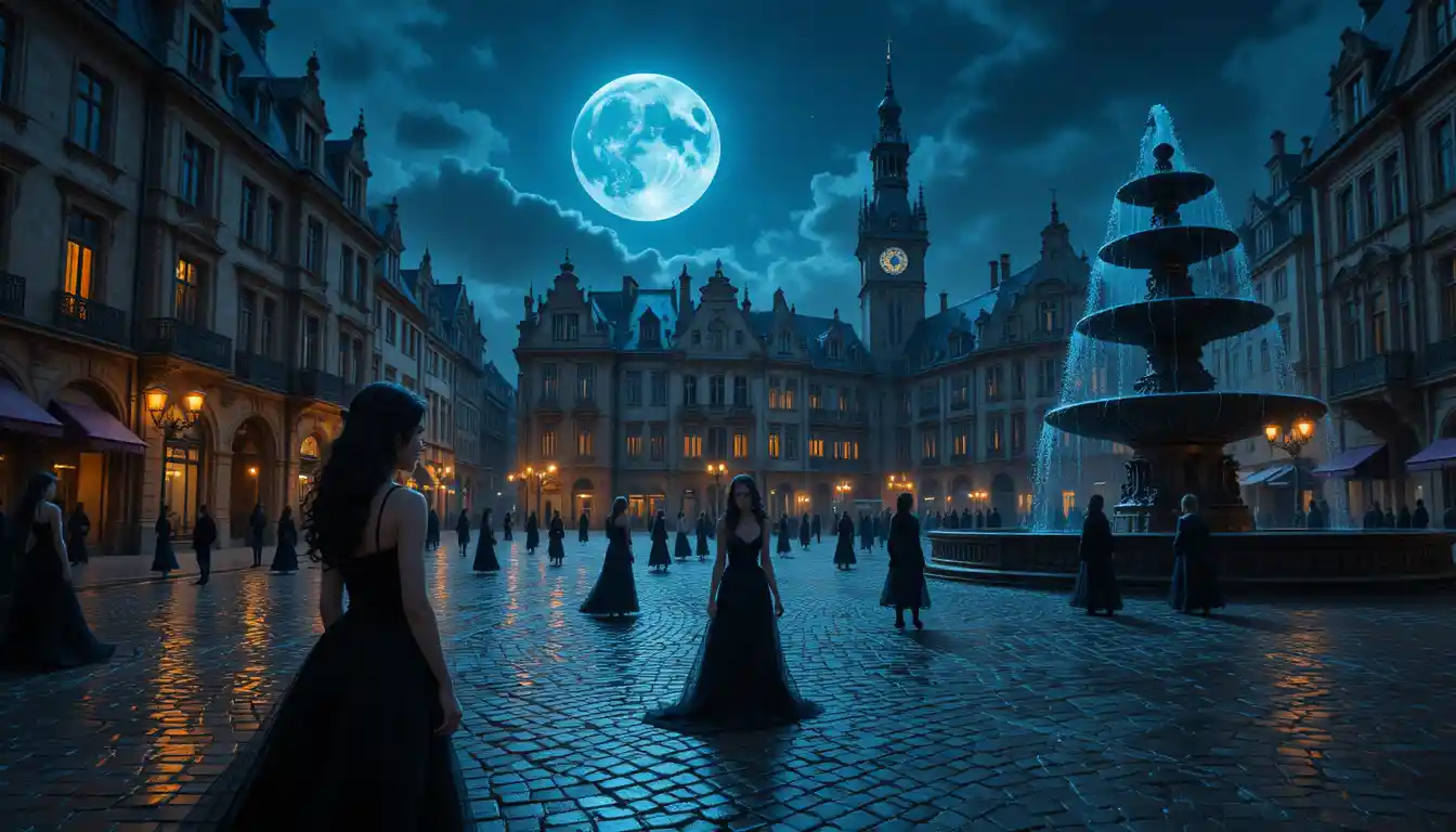 Women in black gowns gather in a moonlit city square