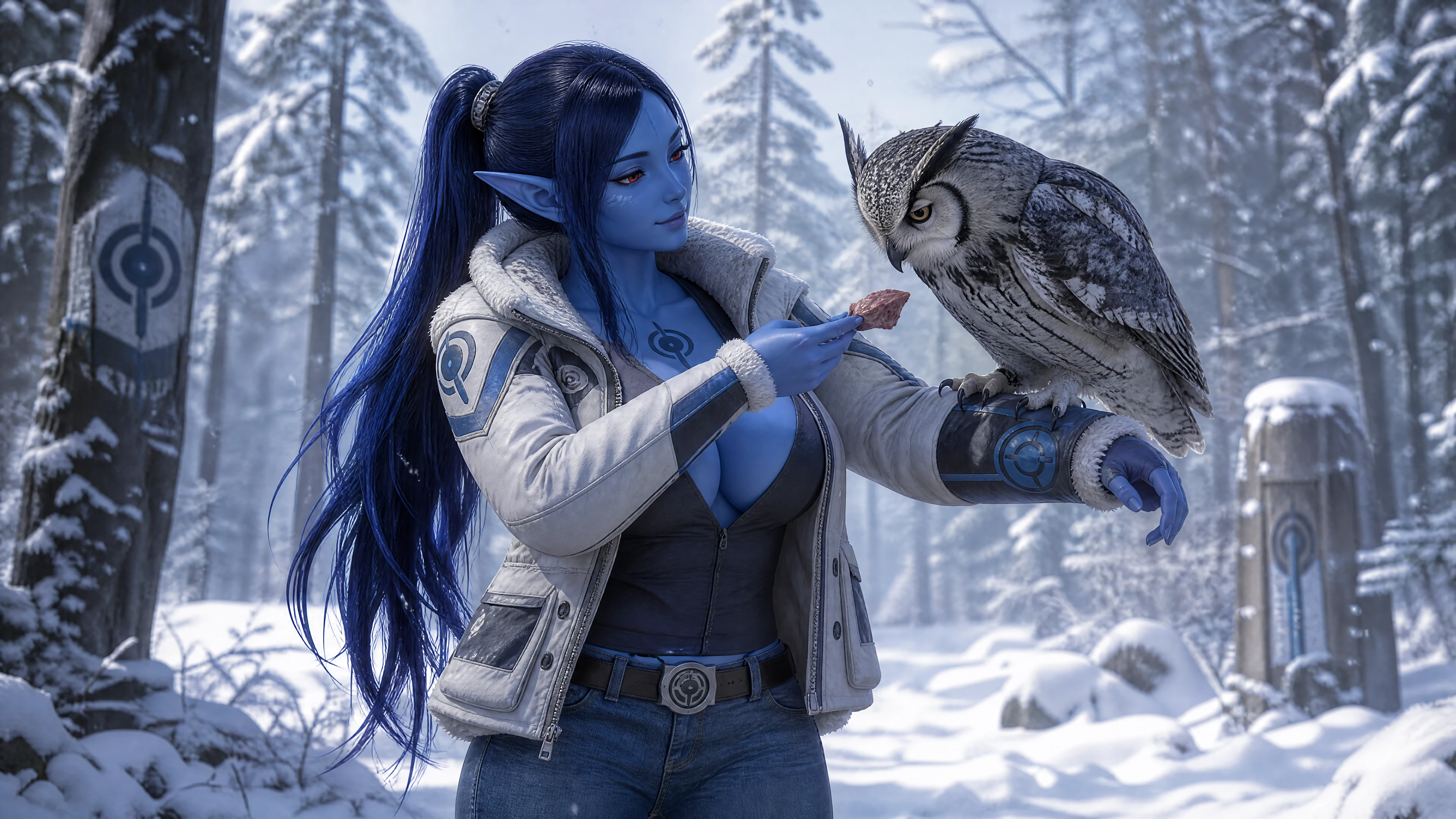 Donna sci-fi dalla pelle blu che nutre un gufo sulla neve