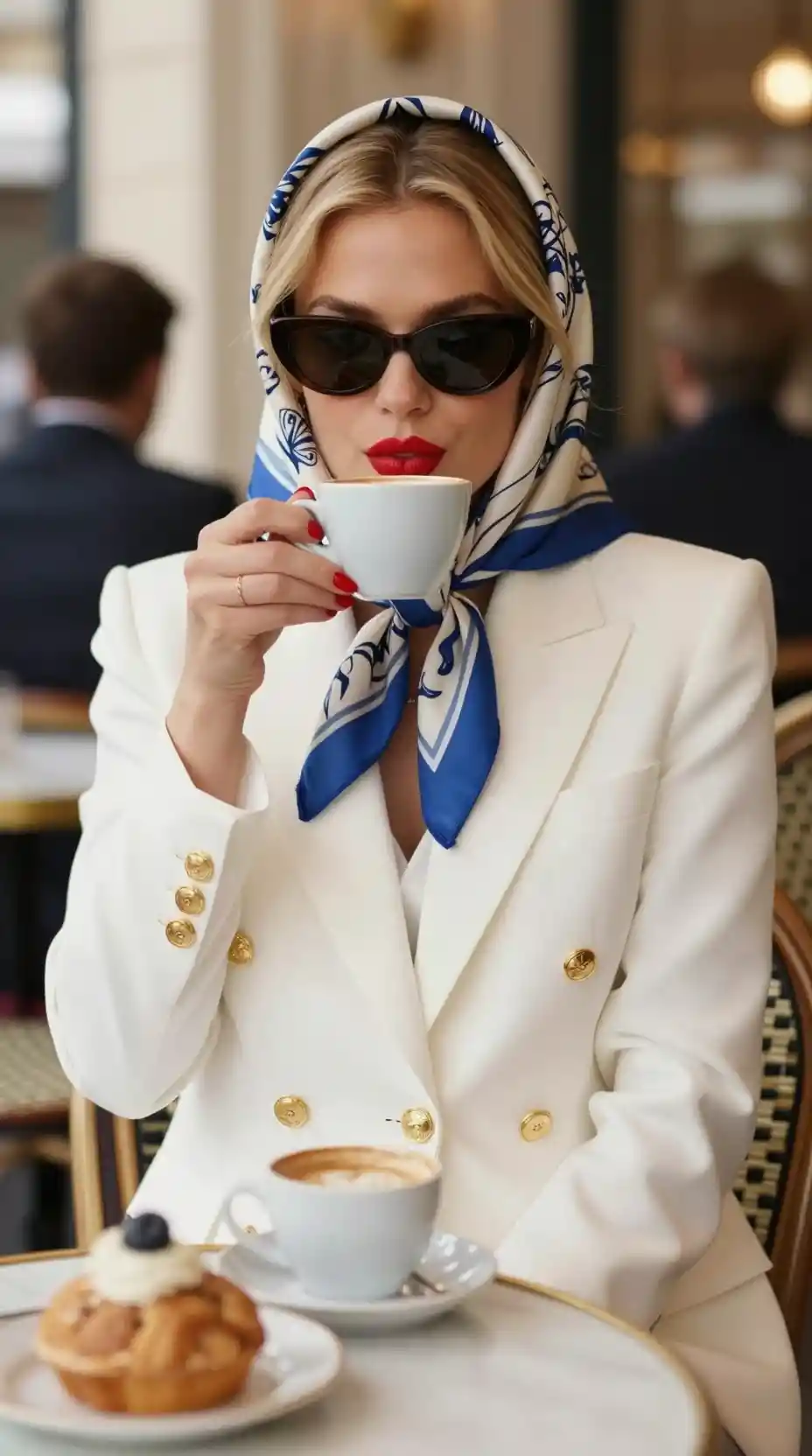 Elegant blonde woman in white blazer sipping coffee indoors