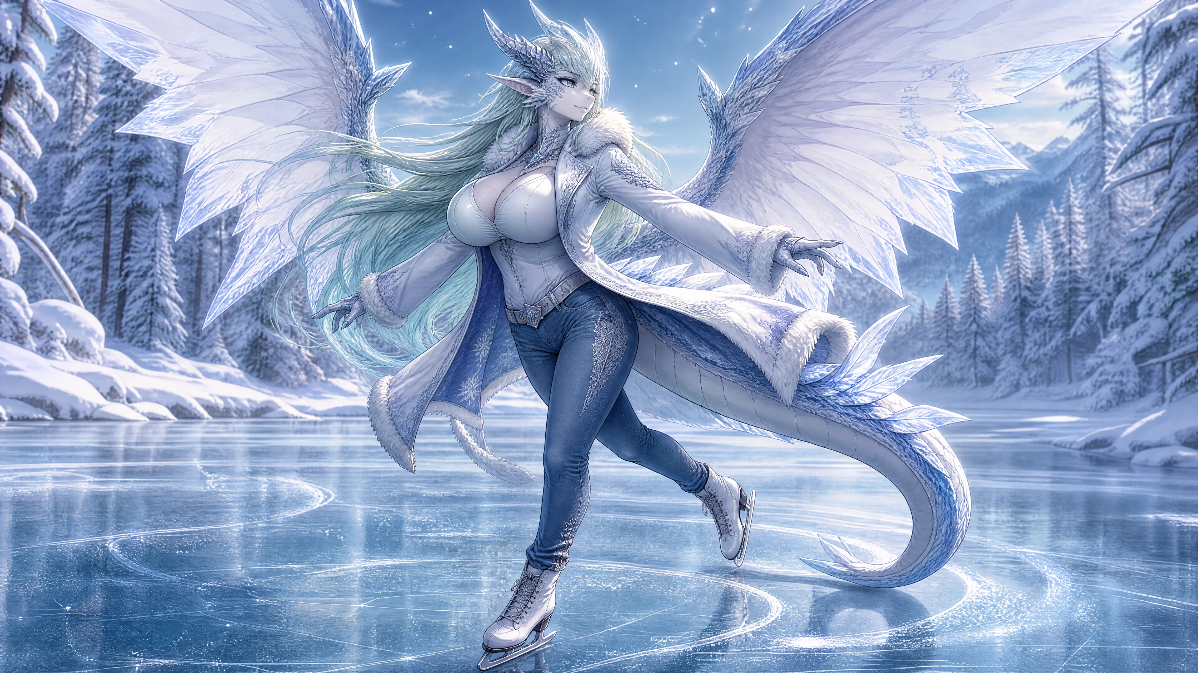Winged dragon woman ice skating on a frozen forest lake