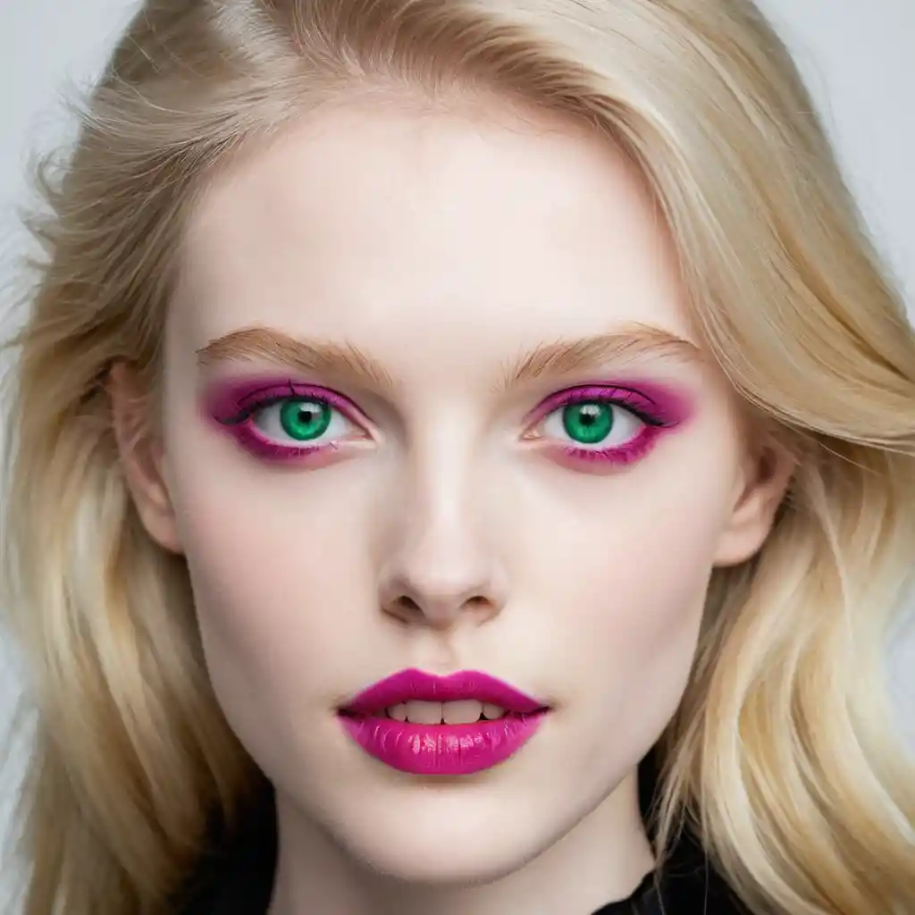 Pale German woman with honey blond hair and emerald eyes