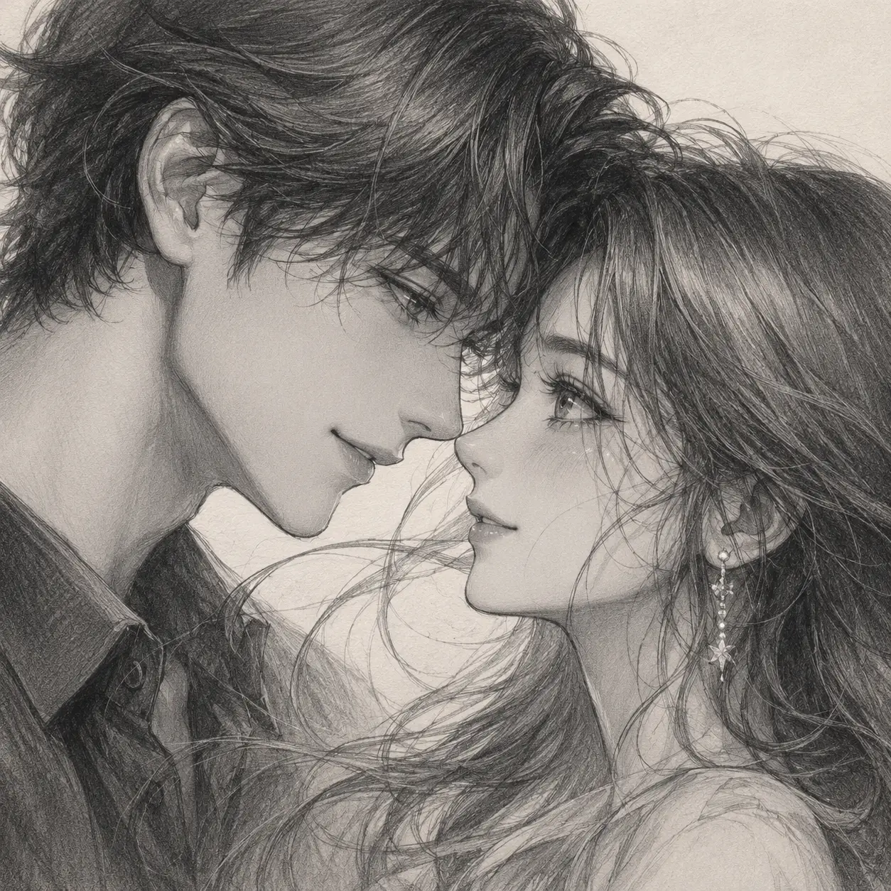 Romantic anime couple pencil portrait in close up view
