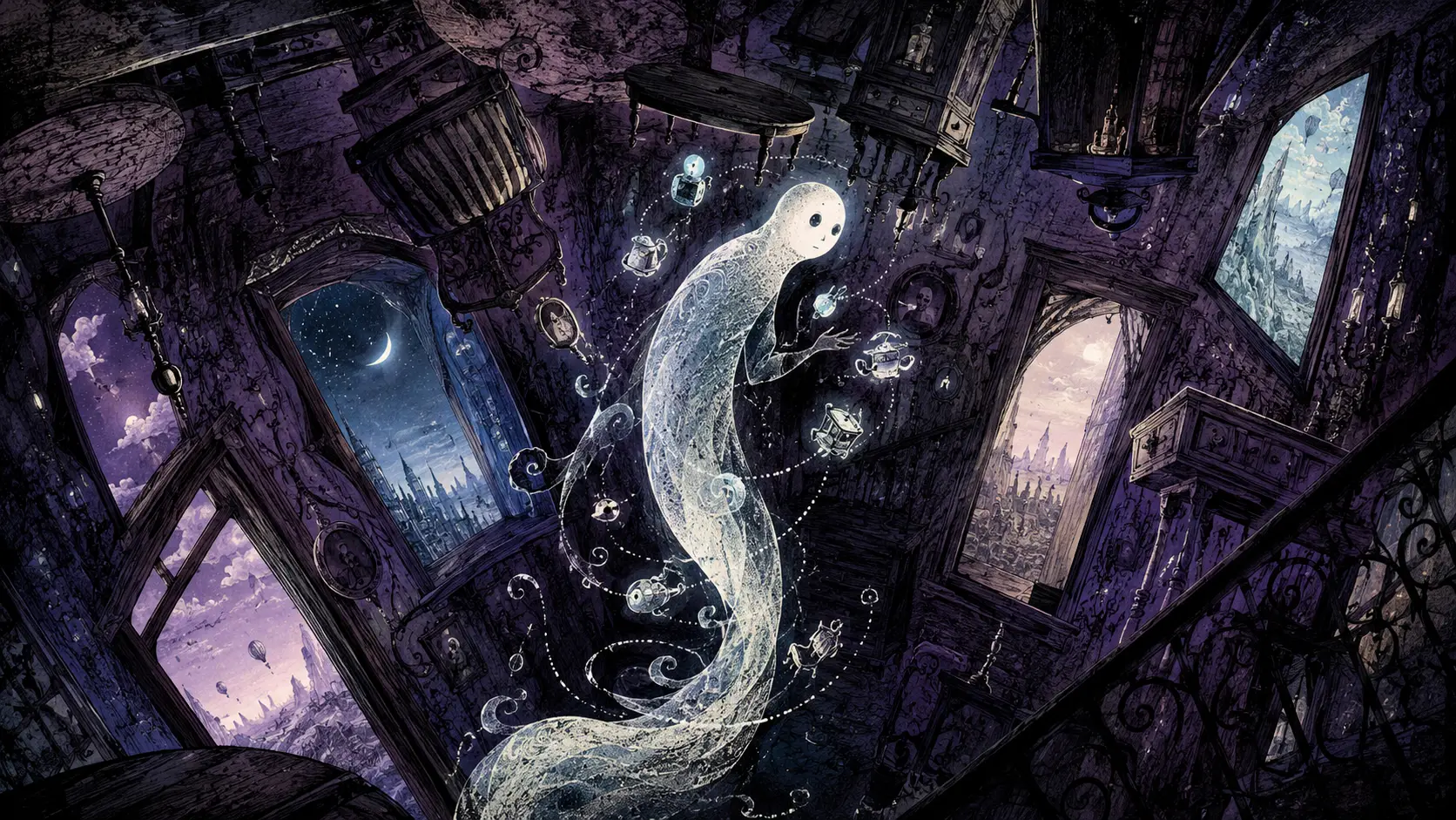 Curious translucent ghost drifting through a crooked towering house