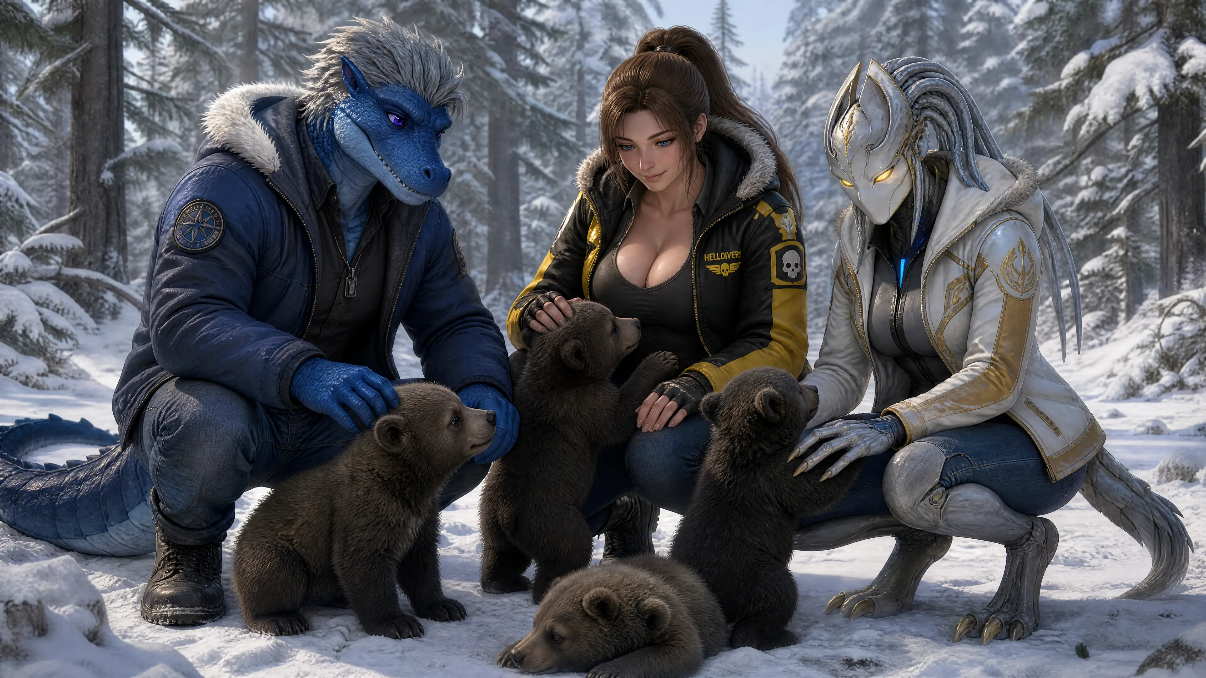 Trio in winter coats petting baby bears in snowy forest