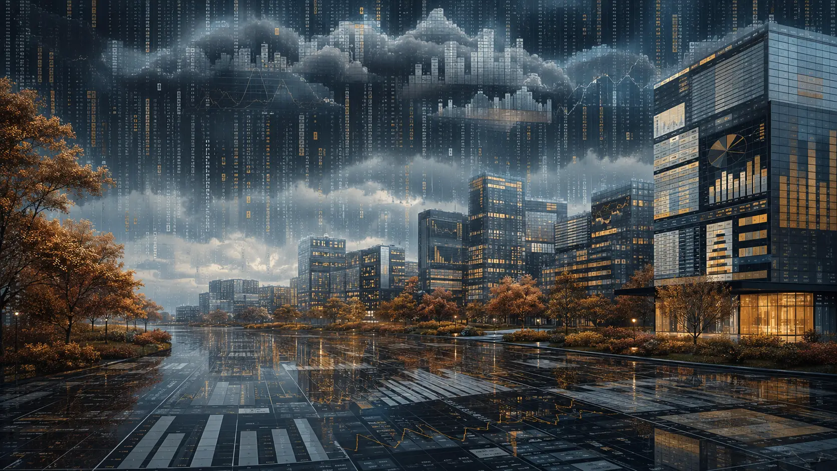 電影感雨夜城市景觀與數據驅動的秋日風景