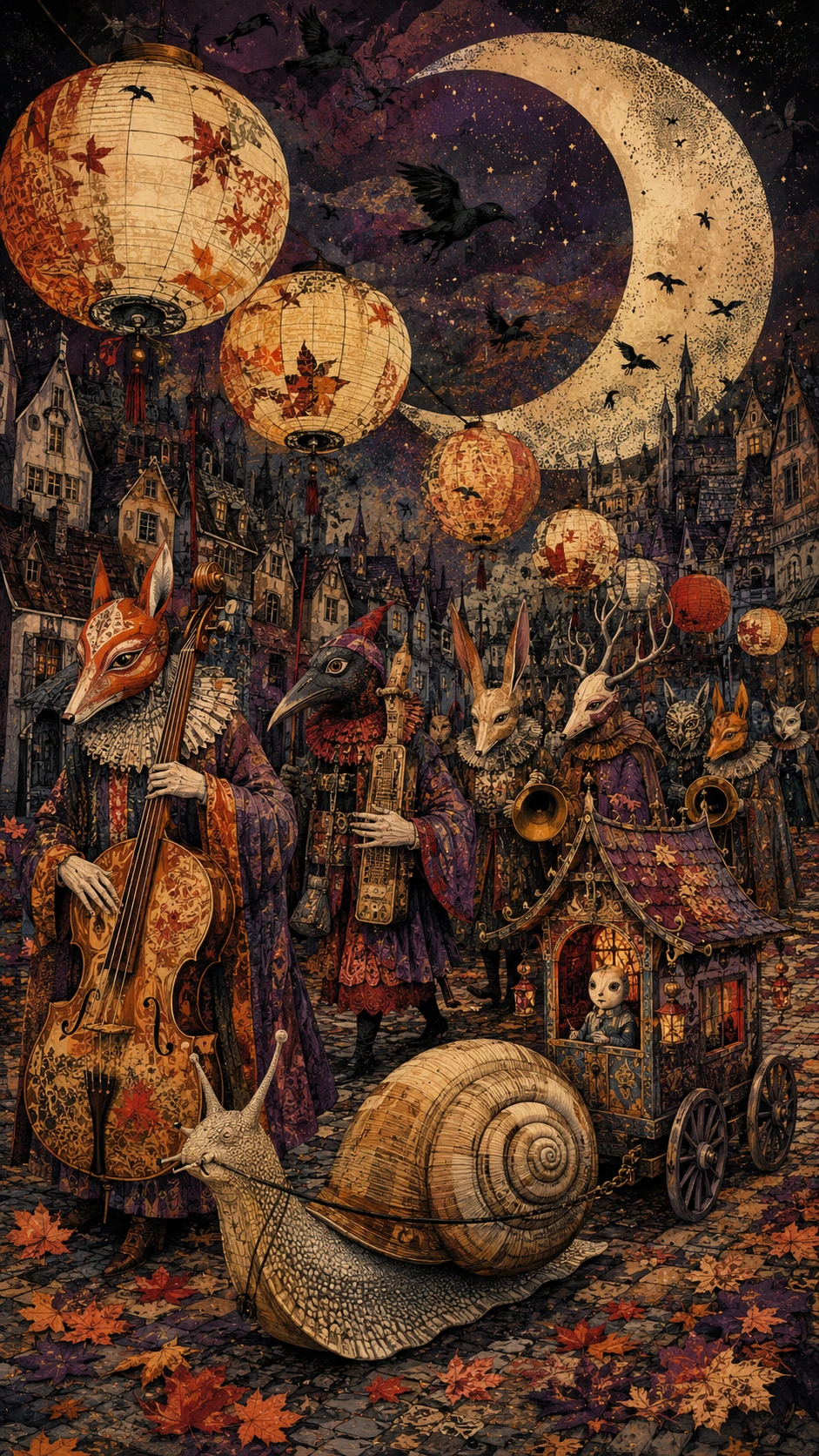 Surreal animal parade under glowing lanterns at night