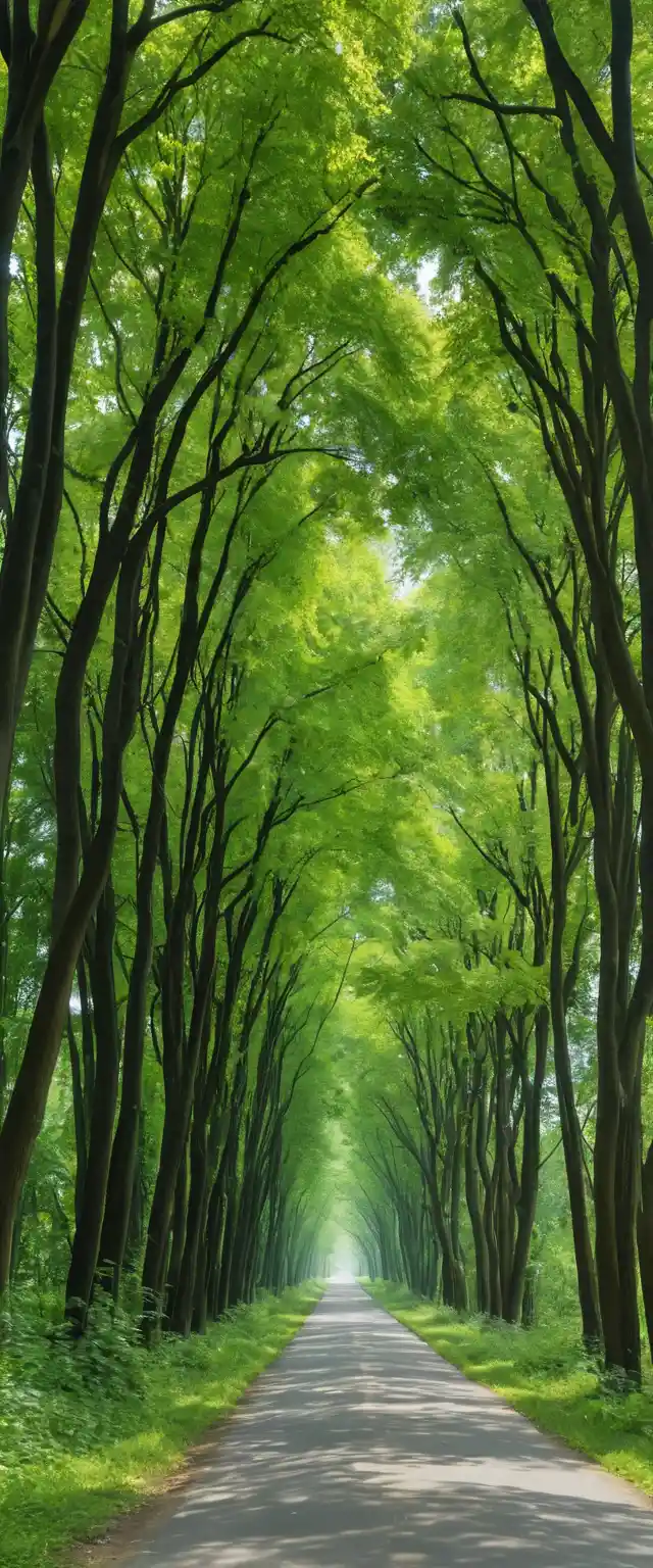 Route forestière entourée de grands arbres verts et de feuillage