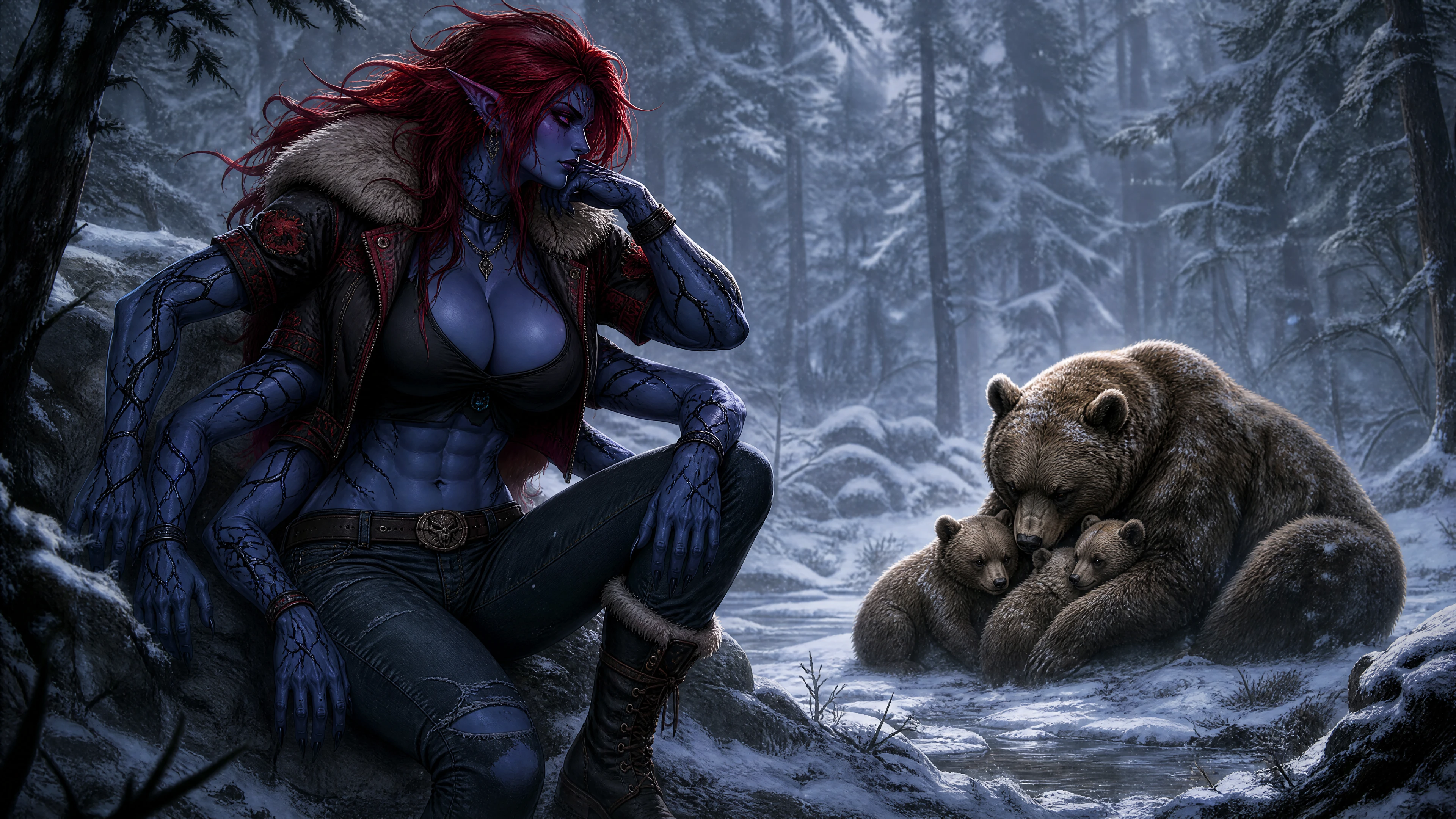 Rakshasi de piel azul observa osos en un bosque nevado