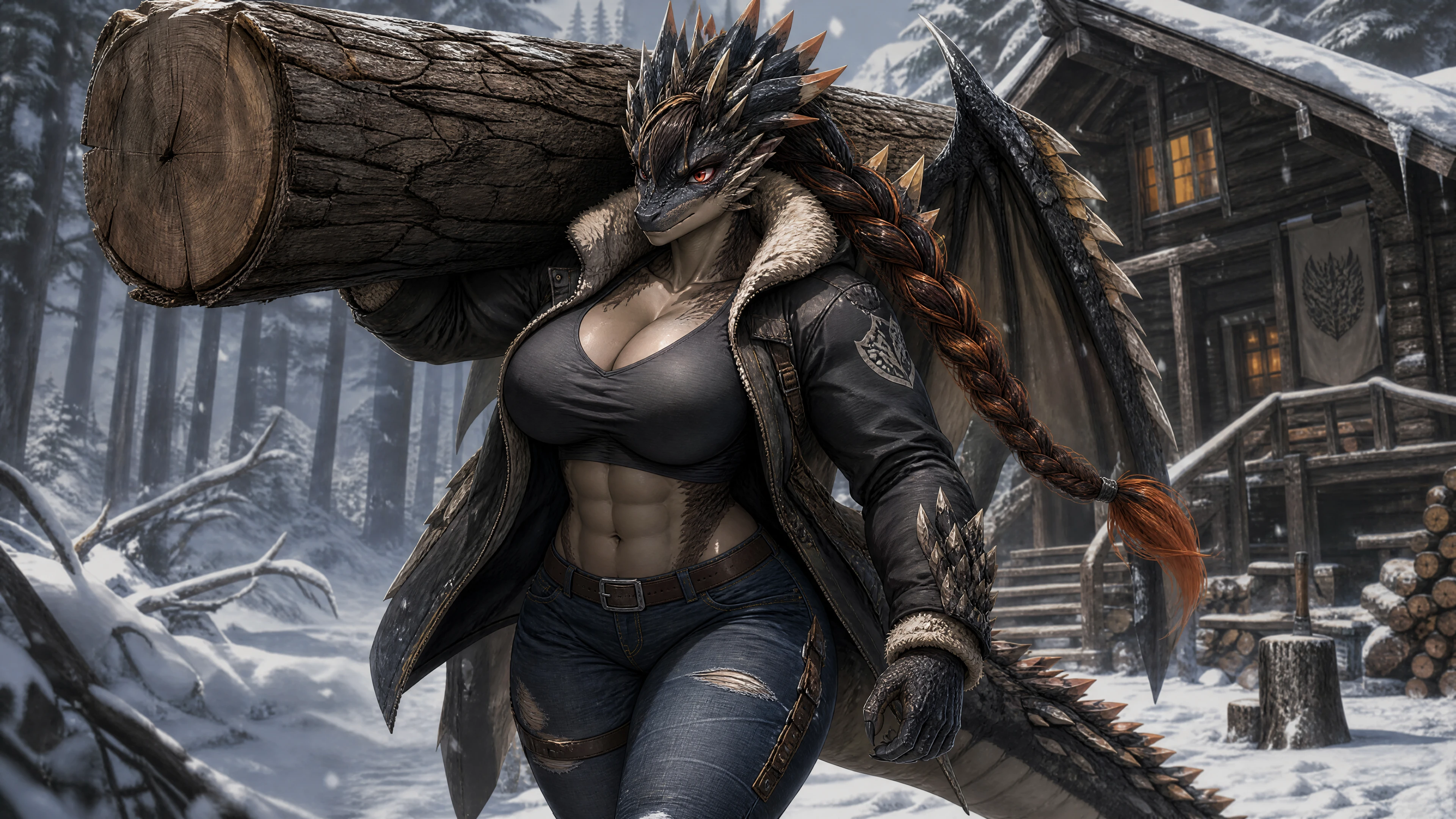 Winged dragon woman hauling log through snowy forest