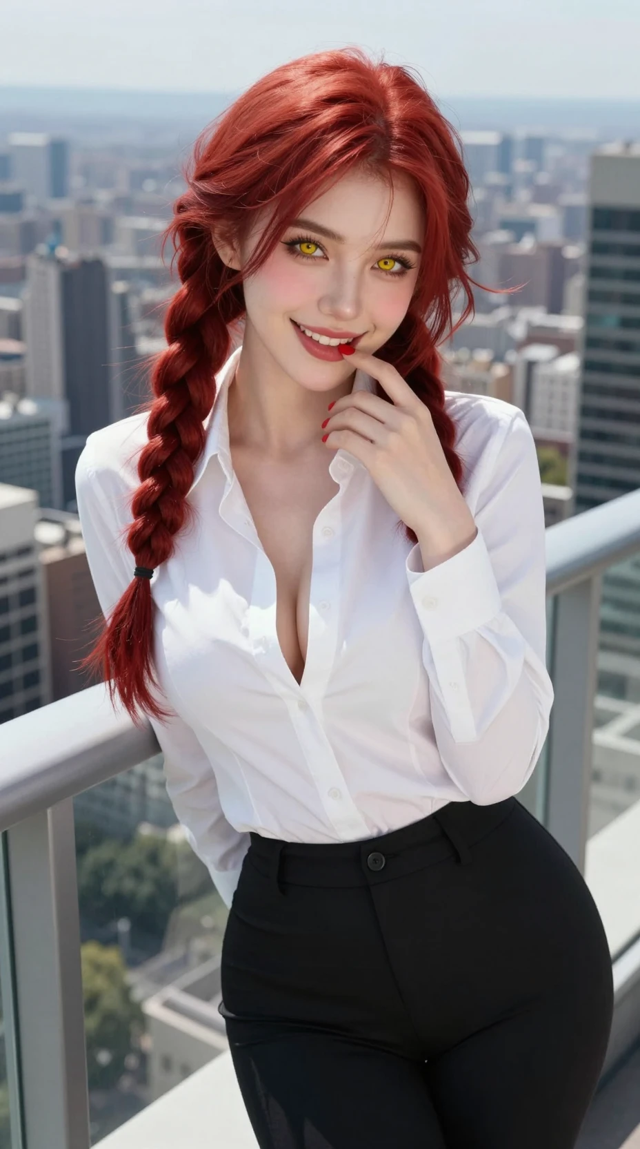 紅髮女子在高樓城市陽台上微笑