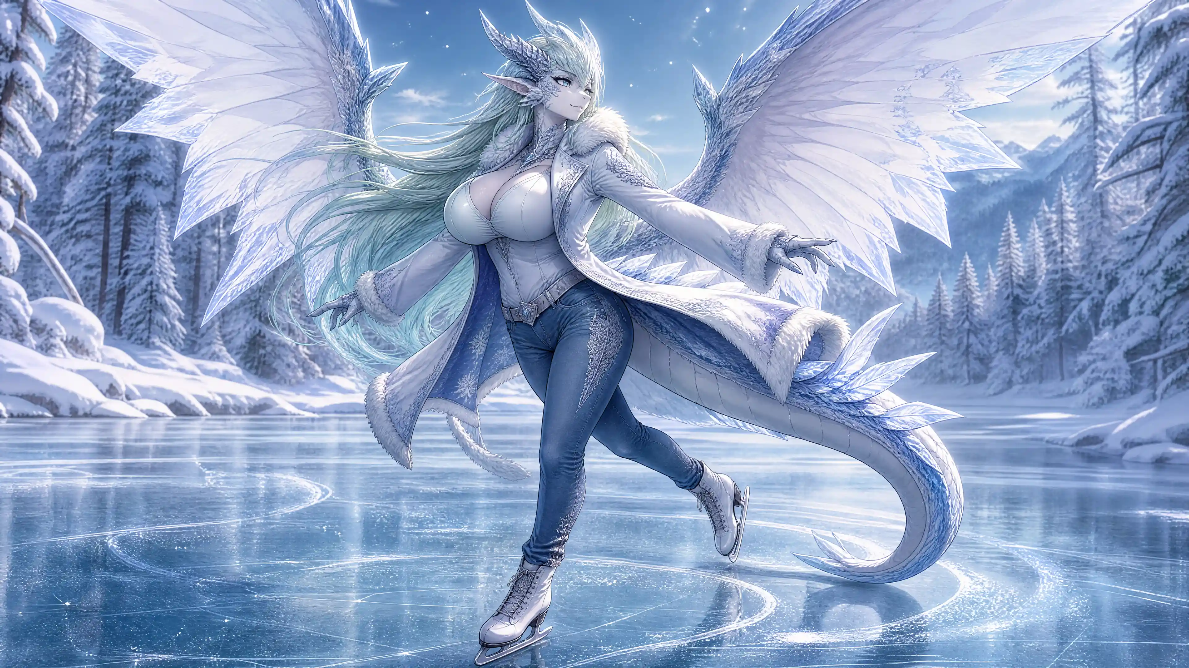 Winged dragon woman ice skating on a frozen forest lake