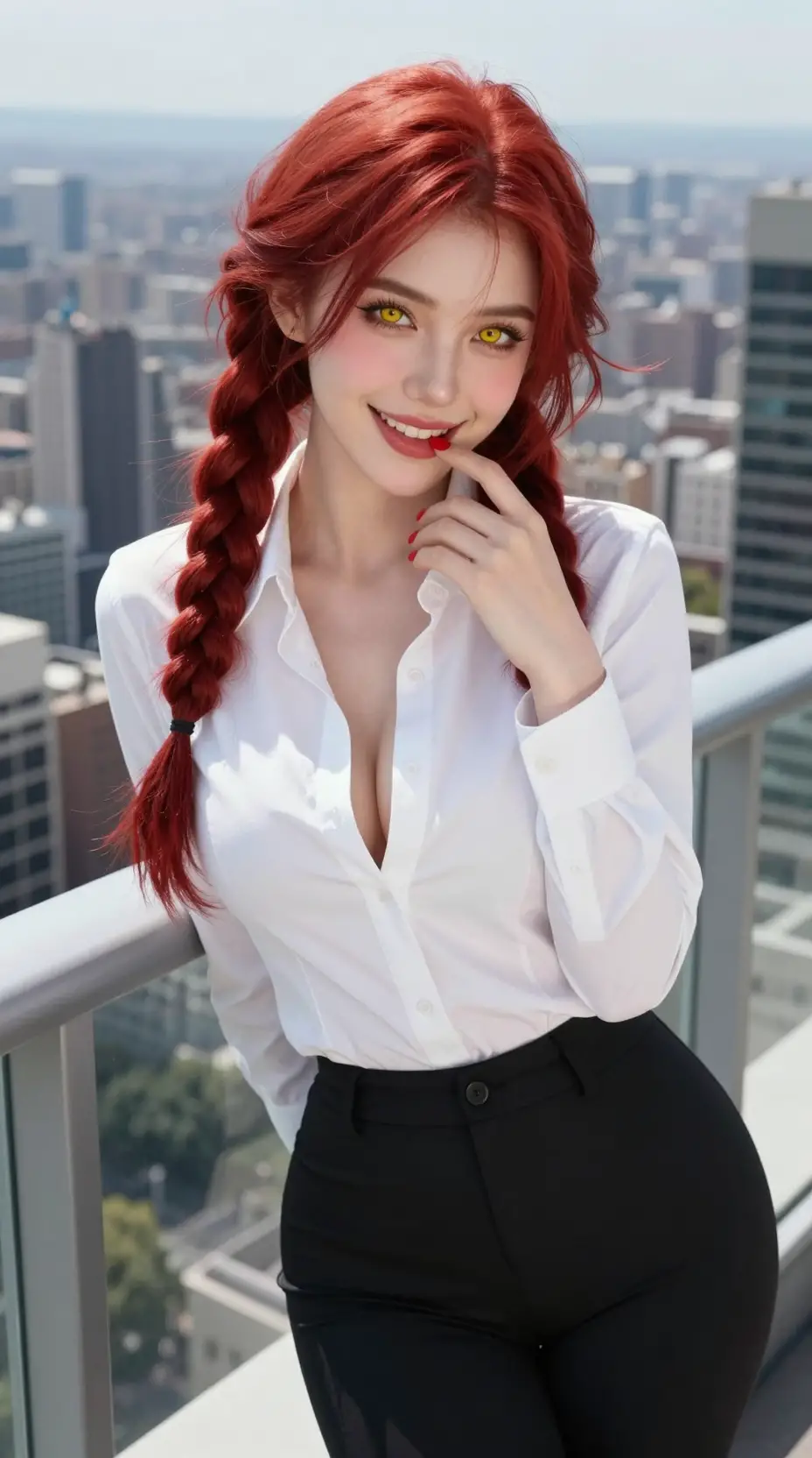 Red haired woman smiling on a high rise city balcony