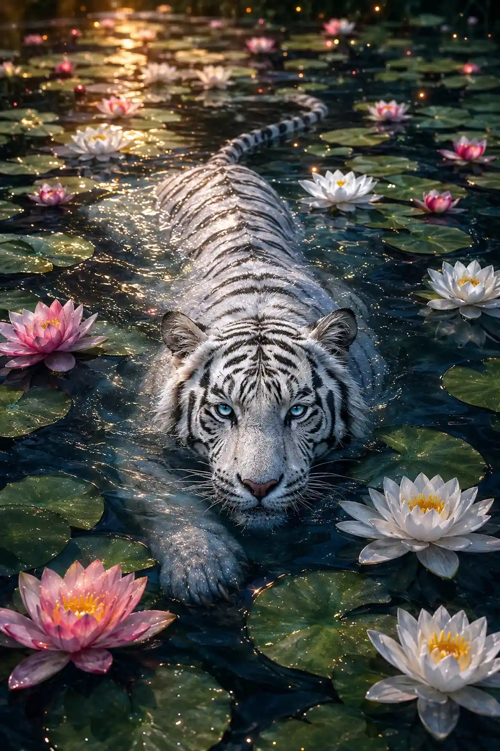 白虎悠游於寧靜的睡蓮湖面