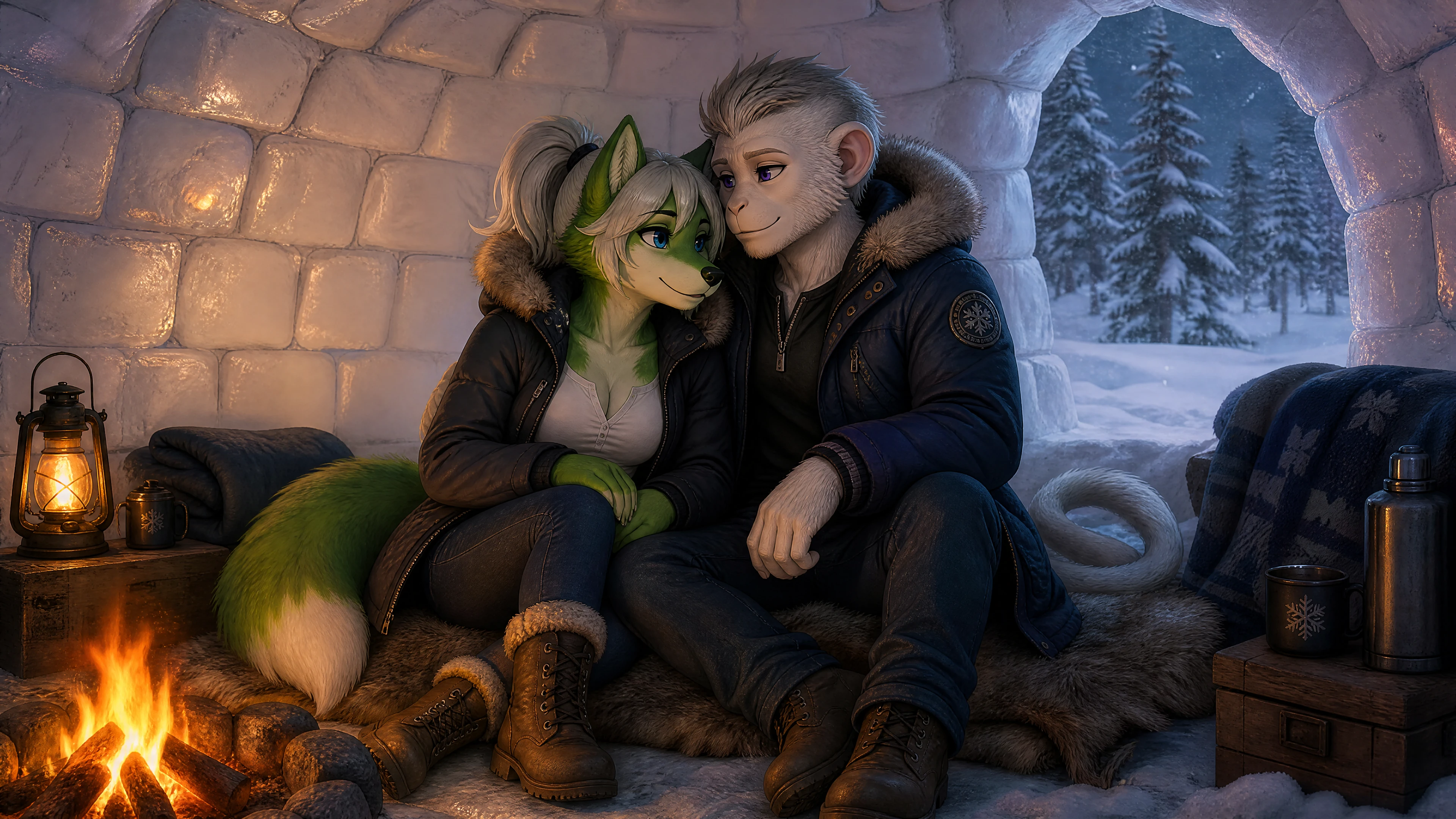 Anthro couple by a campfire inside a winter igloo