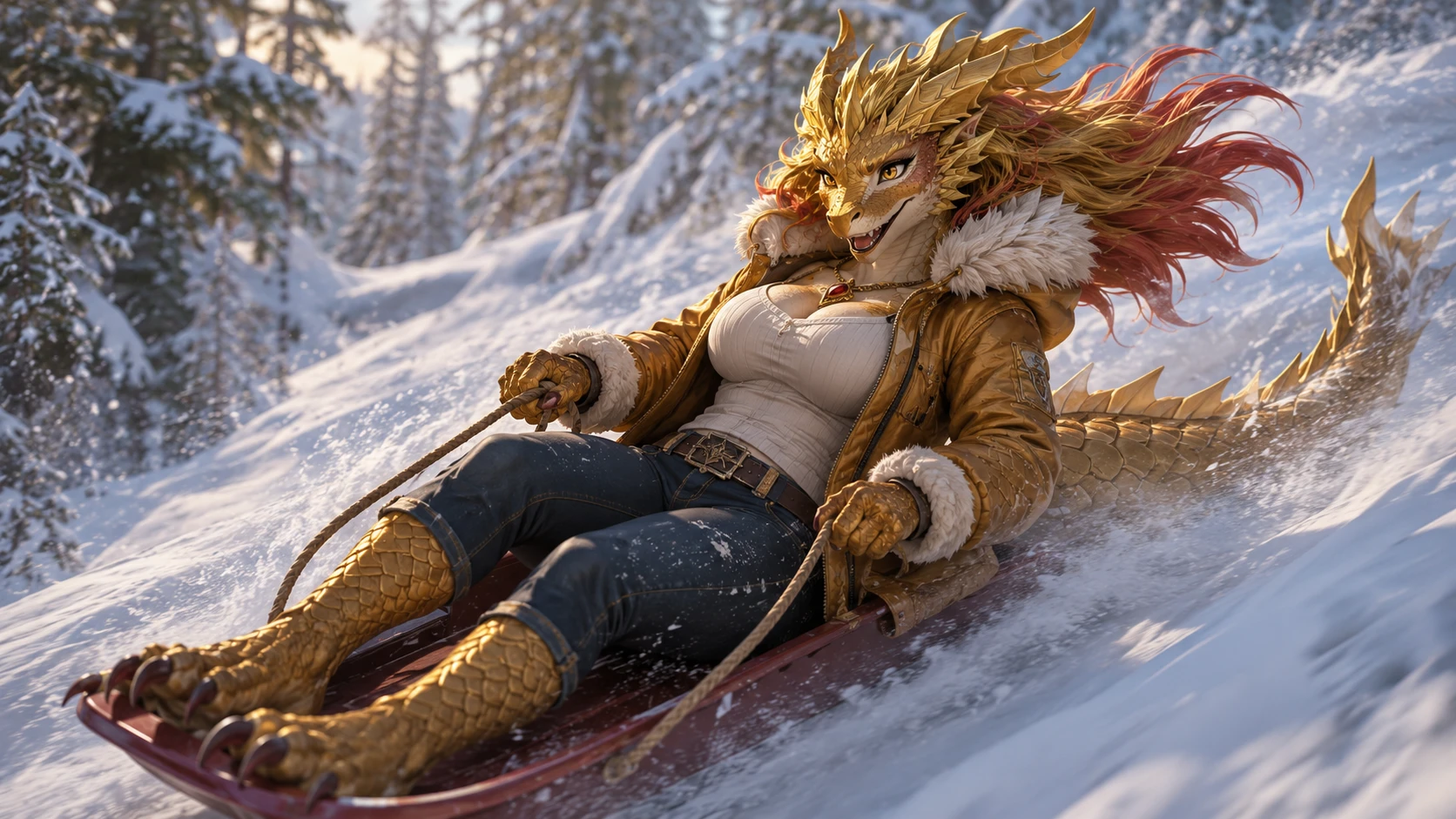 獸人龍族女子在雪白森林山坡上滑雪橇