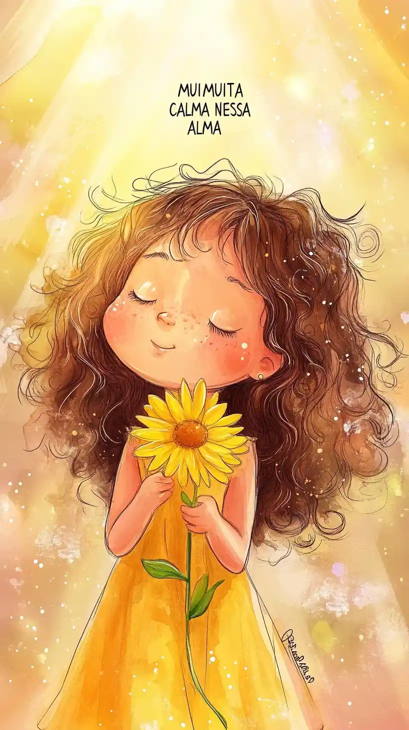 Menina com gérbera amarela em luz suave de aquarela