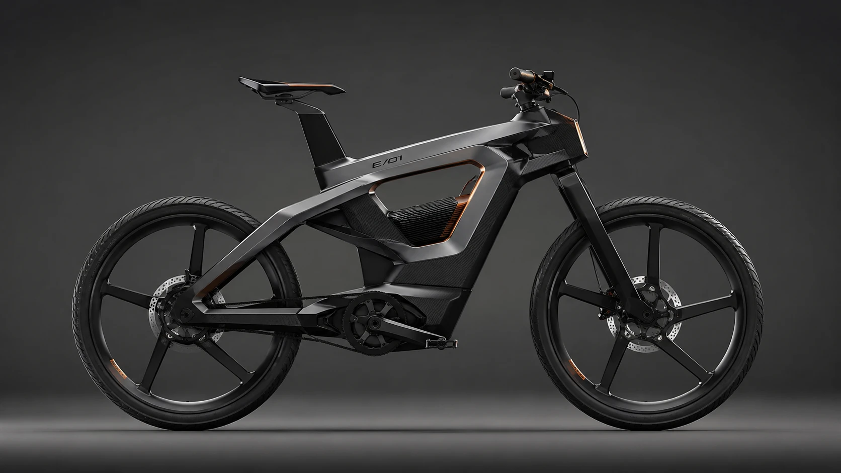 Futuristic electric bicycle side view in a studio setting