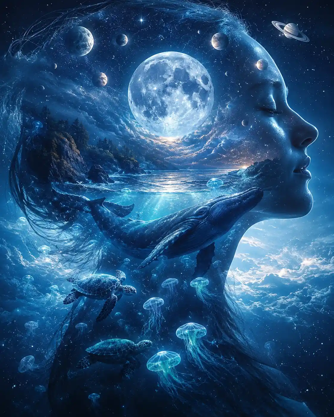 Surreal double exposure of supermoon and underwater whale