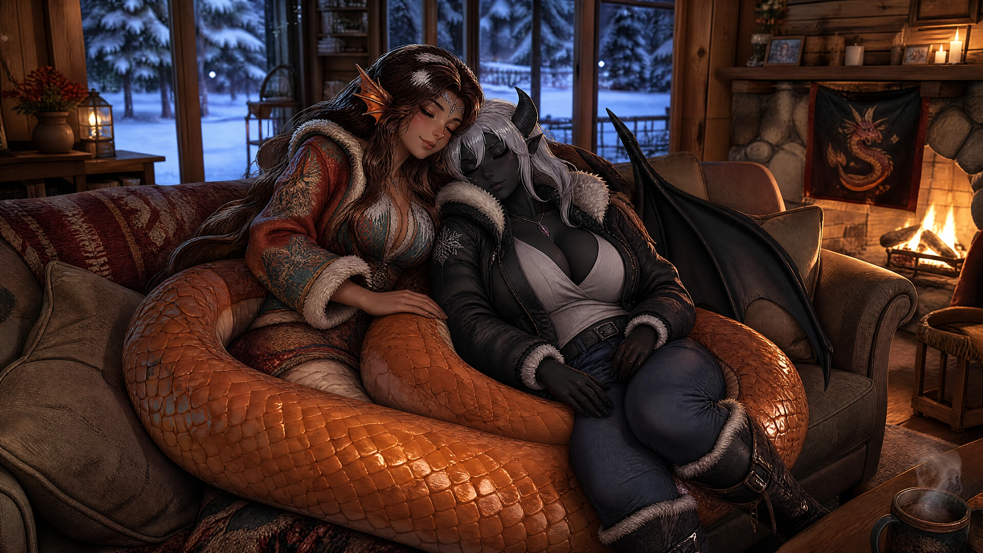 Naga woman embracing gargoyle wife on winter cabin couch