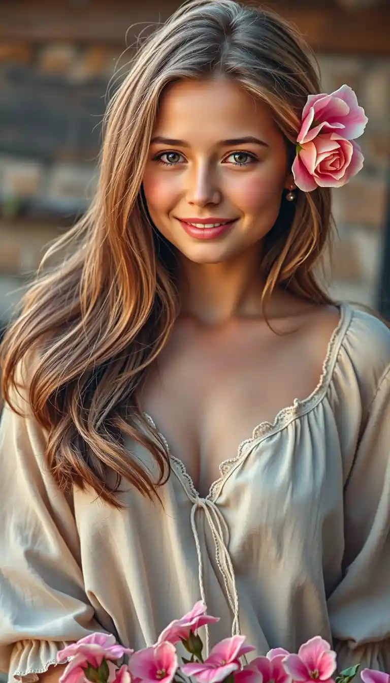戴草帽與花的年輕女子感性人像