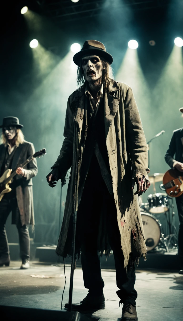 Banda de rock zombi tocando en vivo en un escenario oscuro