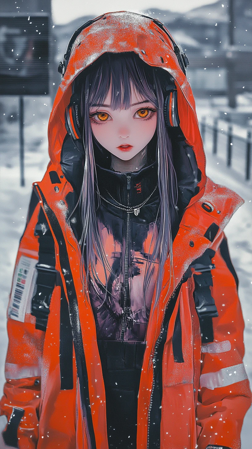 Chica de anime con abrigo de invierno naranja, auriculares y mascarilla