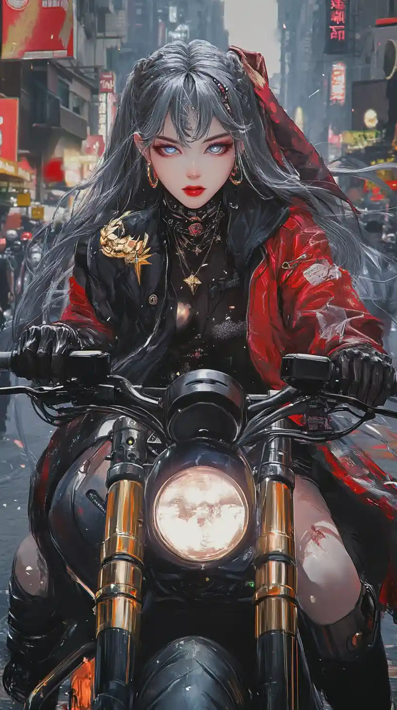 騎著賽博龐克機車衝過暴動街頭的動漫少女