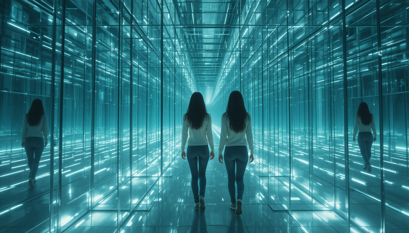 Deux femmes perdues dans un colossal labyrinthe de verre et de reflets