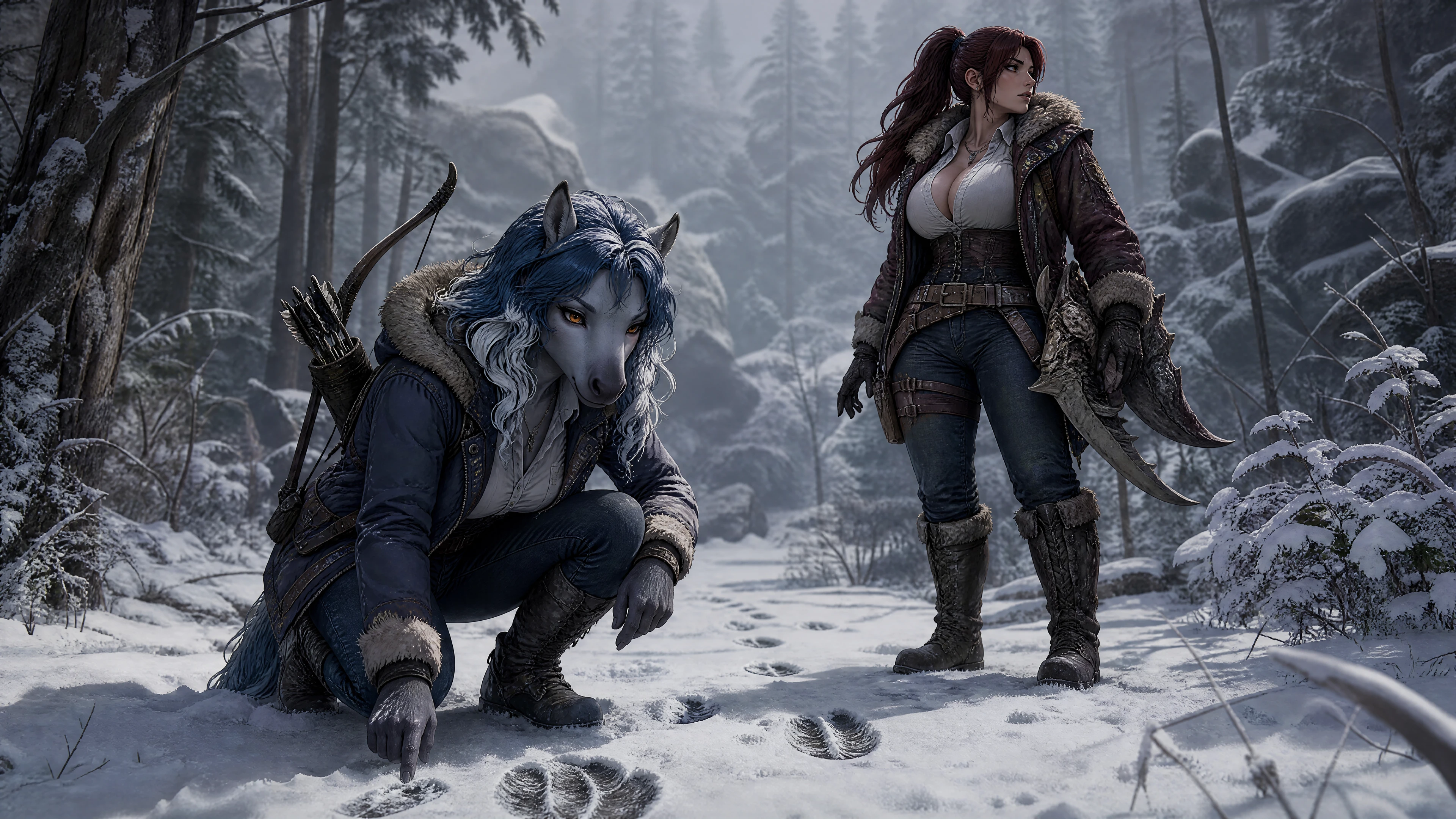 Cazadoras de fantasía siguiendo huellas en un bosque nevado de invierno