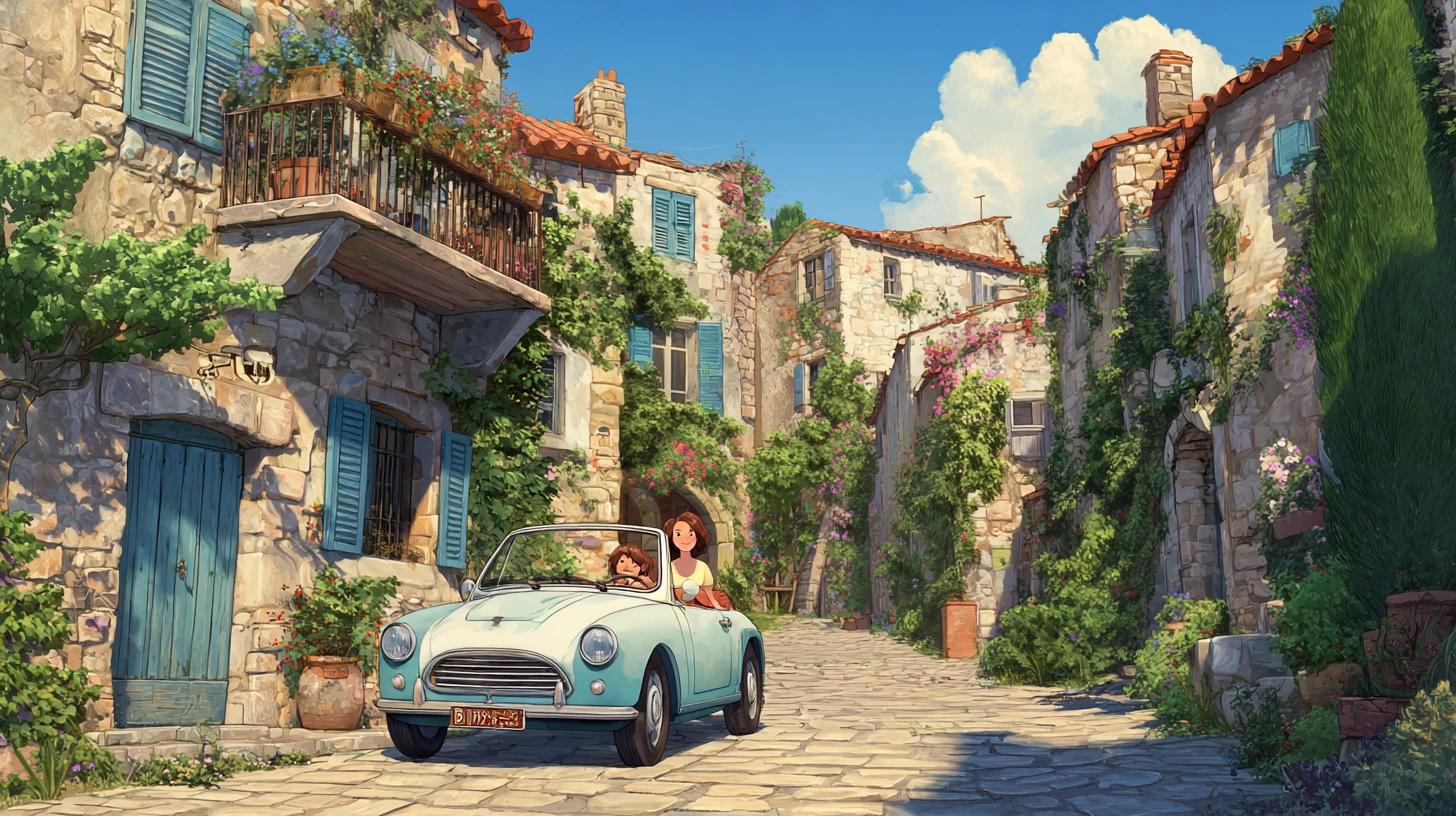 Donna sorridente guida un'auto d'epoca attraverso un villaggio