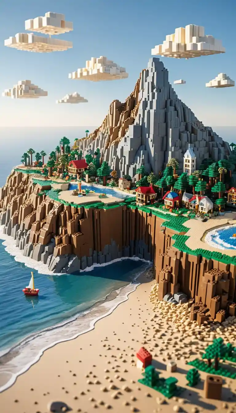Lego block Table Mountain above a playful coastal beach