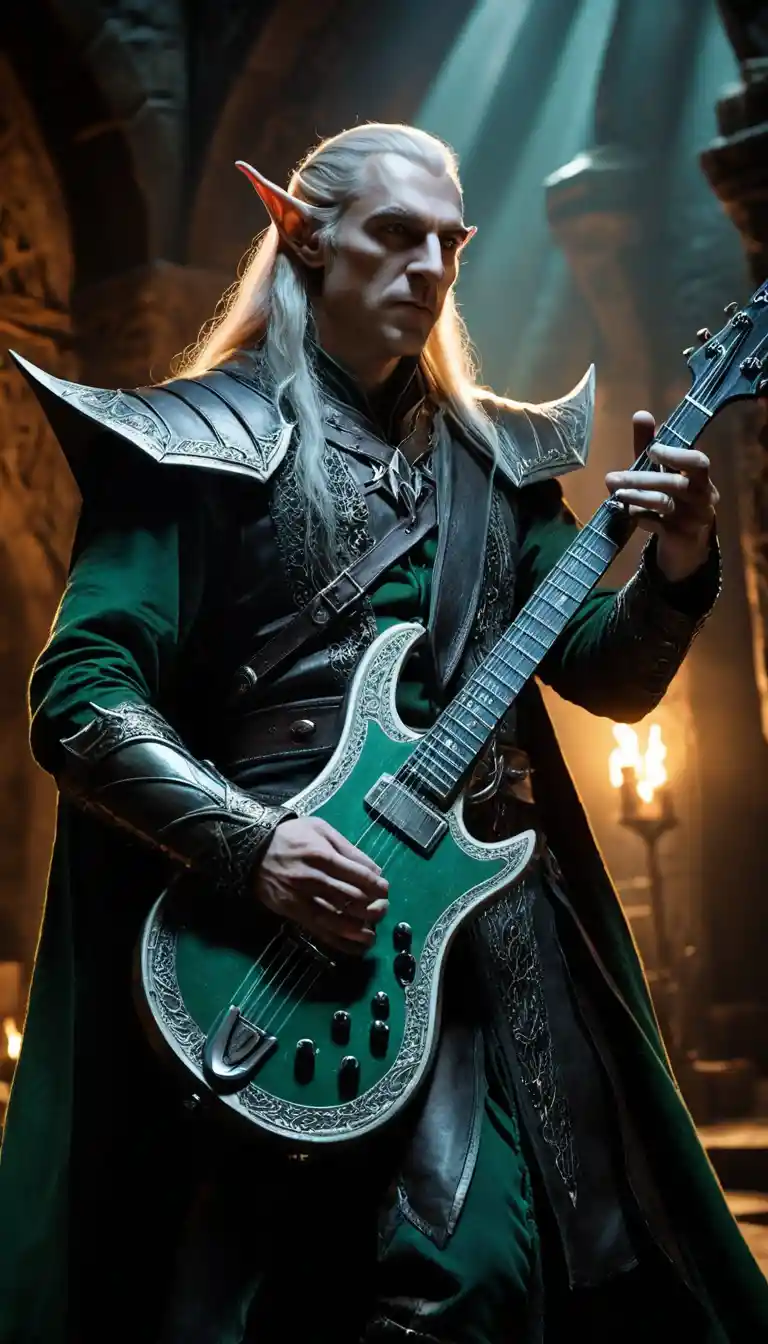 High elf singer with enchanted guitar in dungeon hall