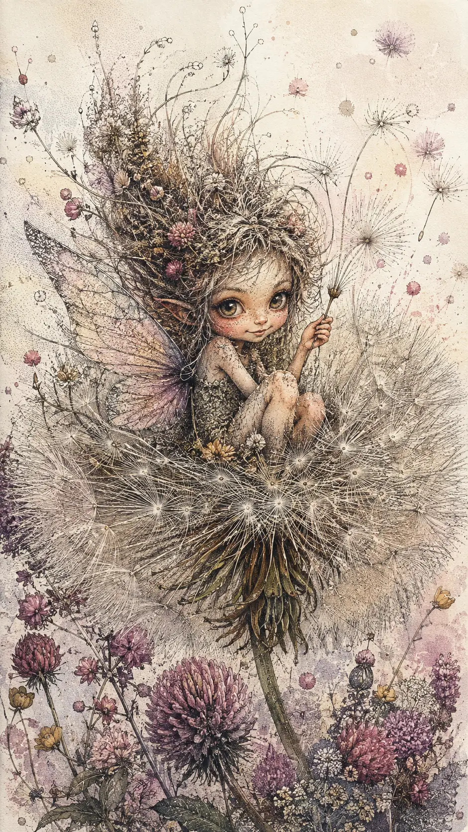 Tiny woodland fairy resting inside a giant dandelion