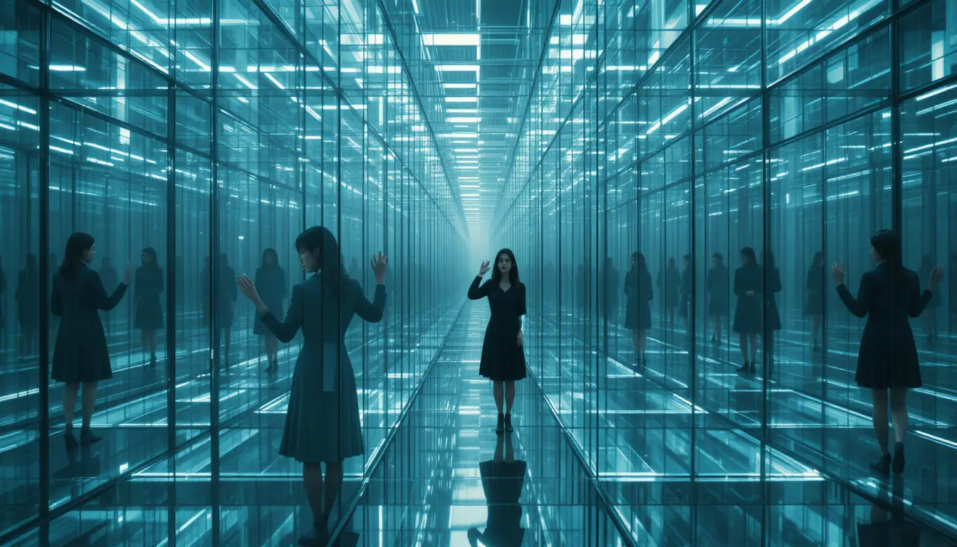 Two distant women in a vast reflective glass labyrinth