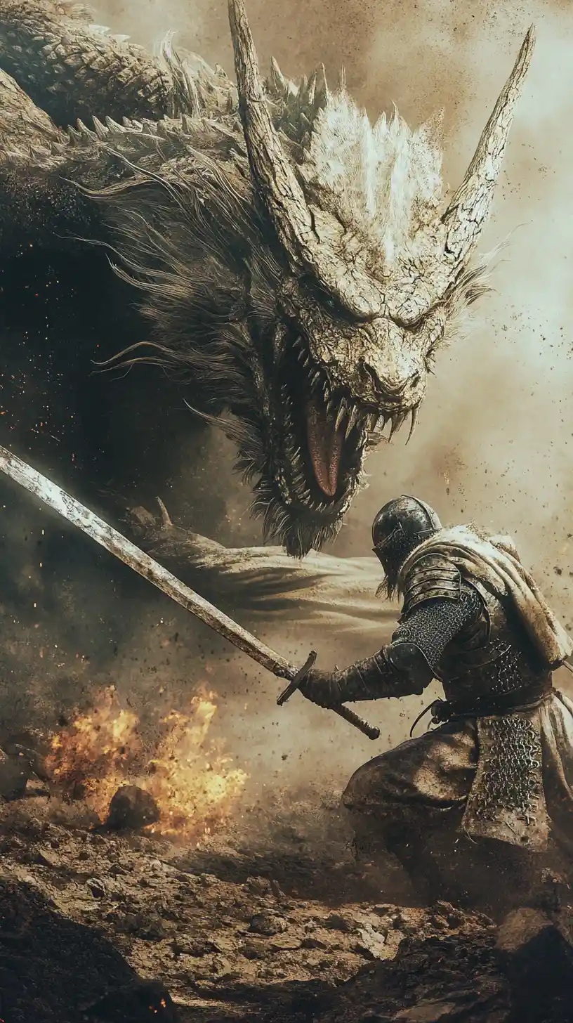 Medieval knight facing a massive dragon on ruined stone battlefield
