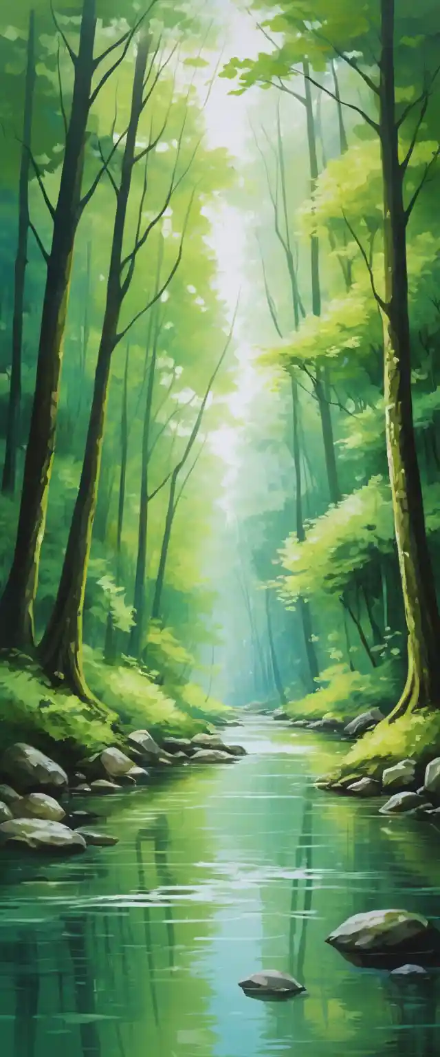 Tranquil forest with clear stream and green trees
