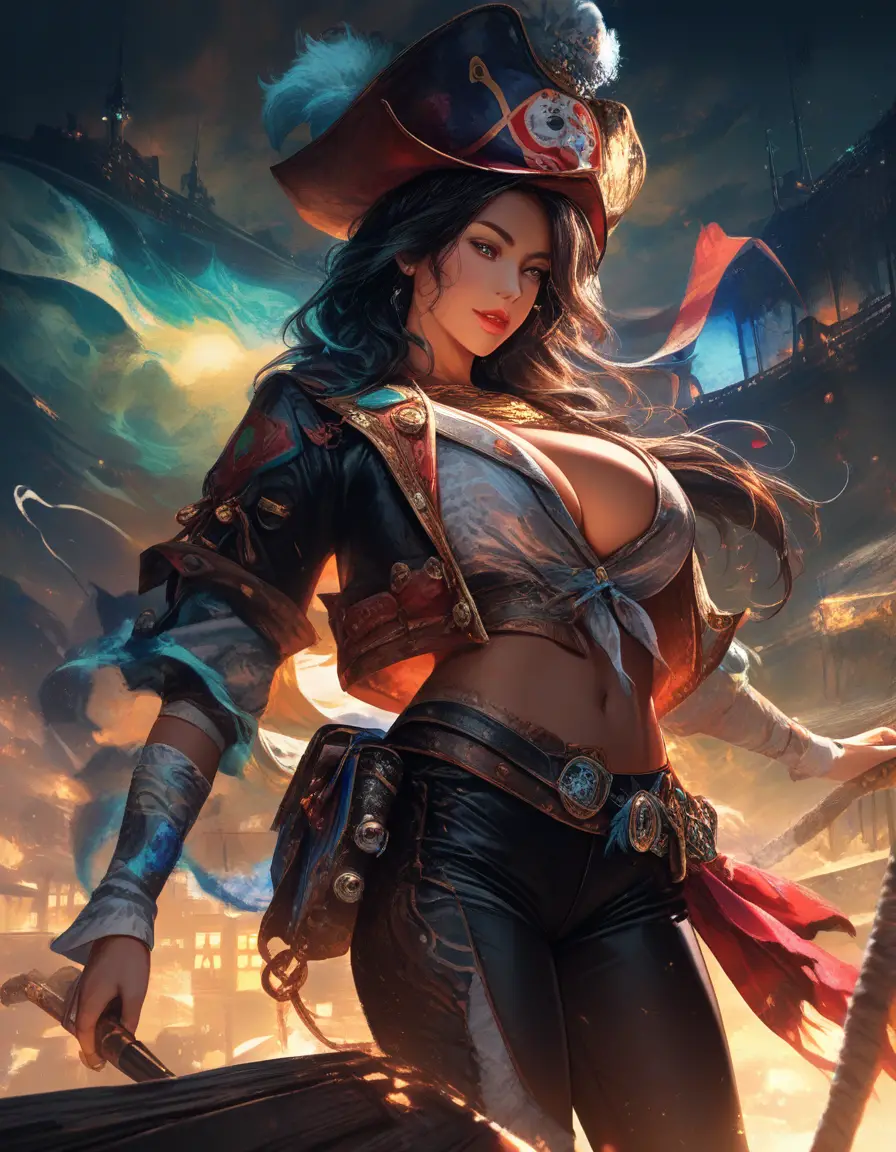 Ebony pirate woman posing on a ship deck