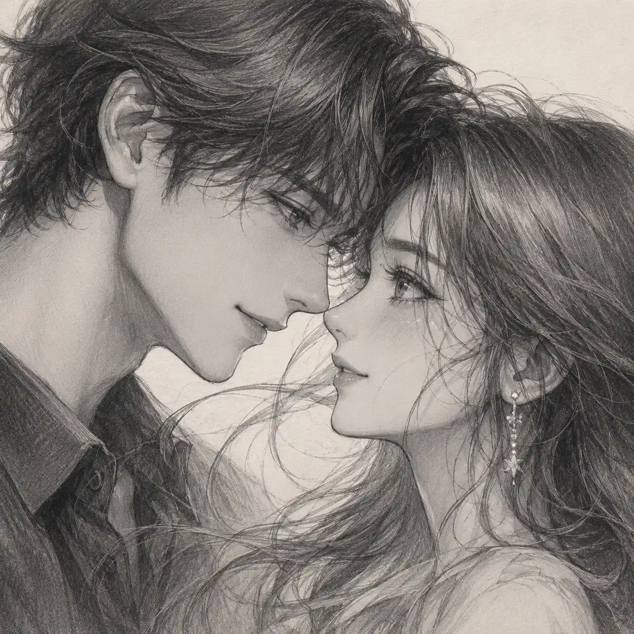 Retrato a lápiz en primer plano de una pareja de anime romántica