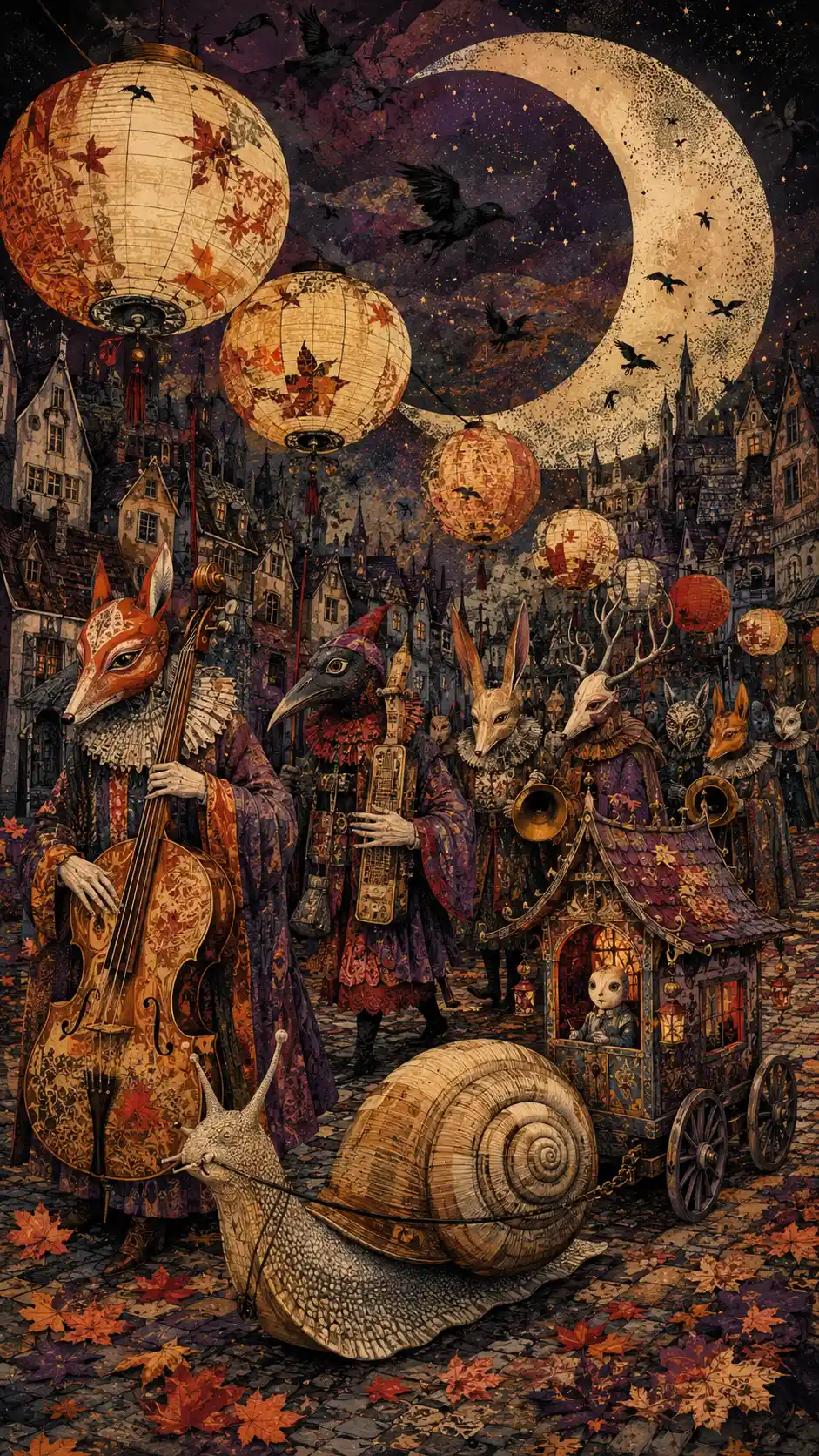 Surreal animal parade under glowing lanterns at night