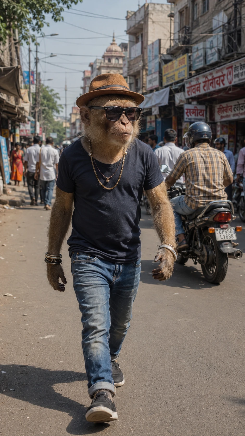 Realistic monkey walking upright through an Indian street