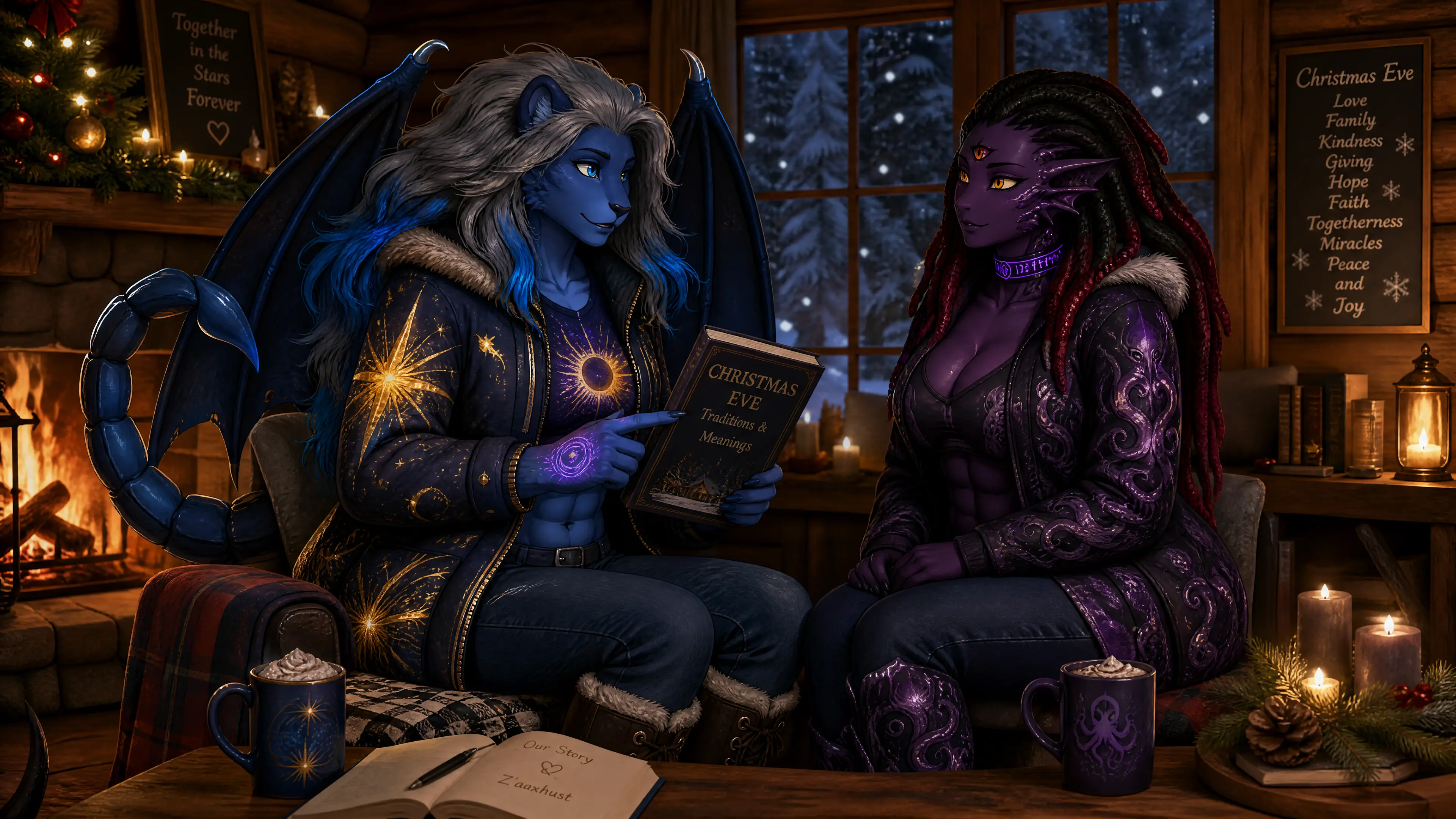 Fantasy lion woman teaching Christmas Eve in snowy cabin