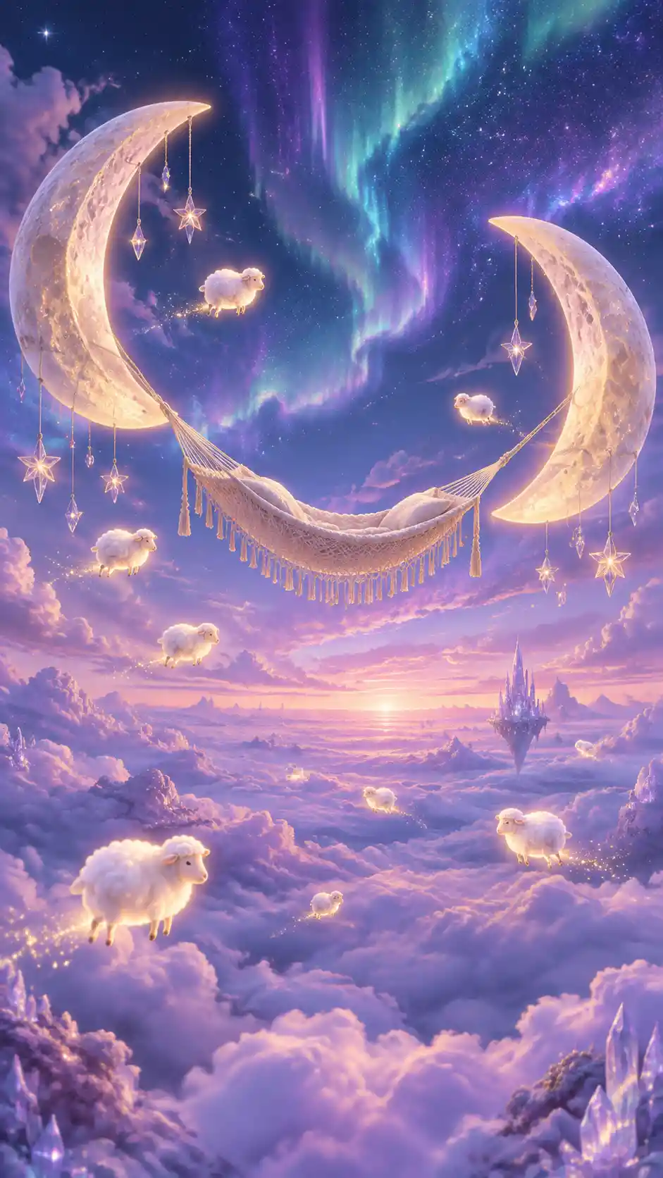 新月之間的吊床漂浮在薰衣草夢幻雲海之上