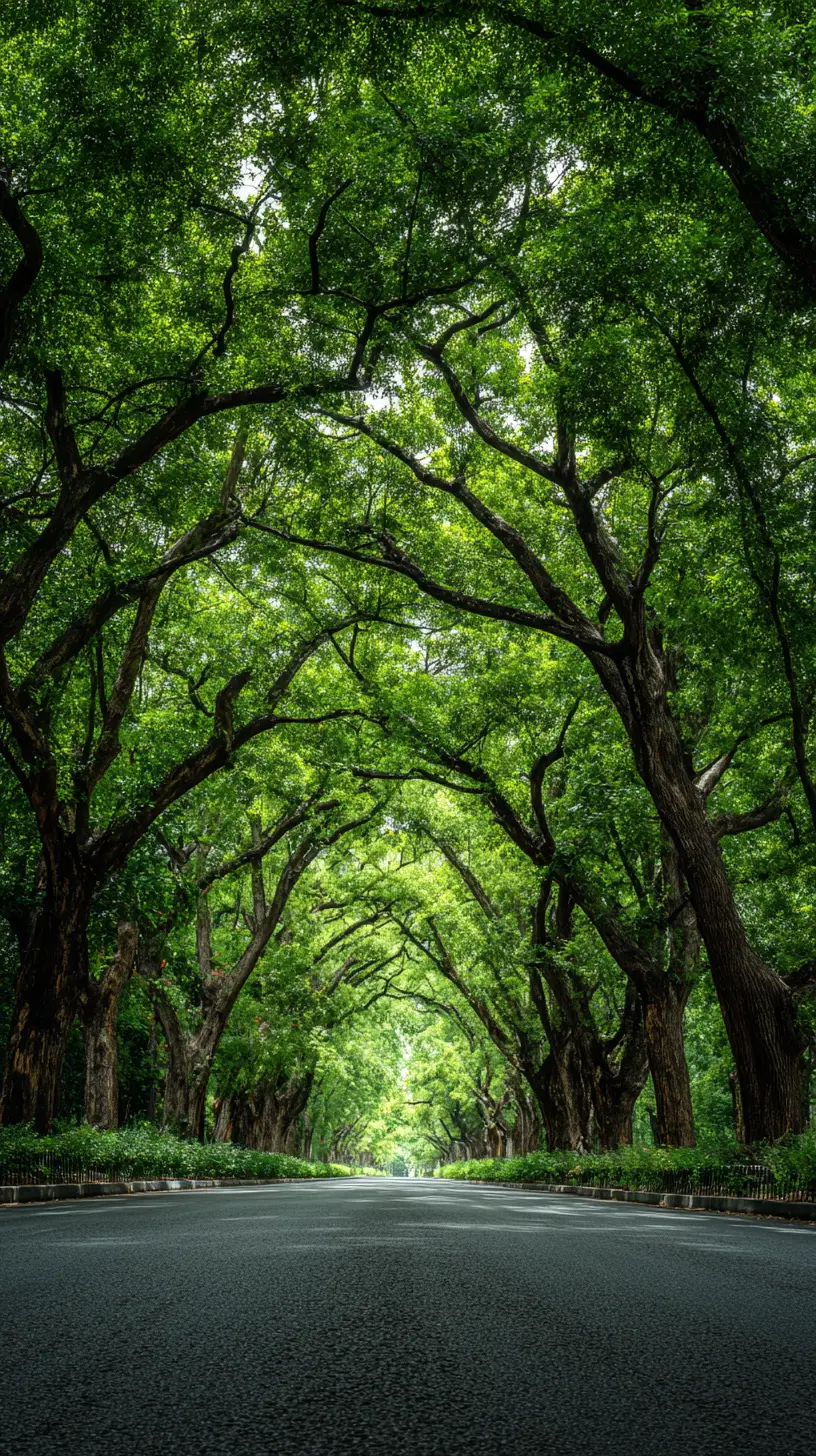 筆直森林道路上的濃密綠色樹林隧道