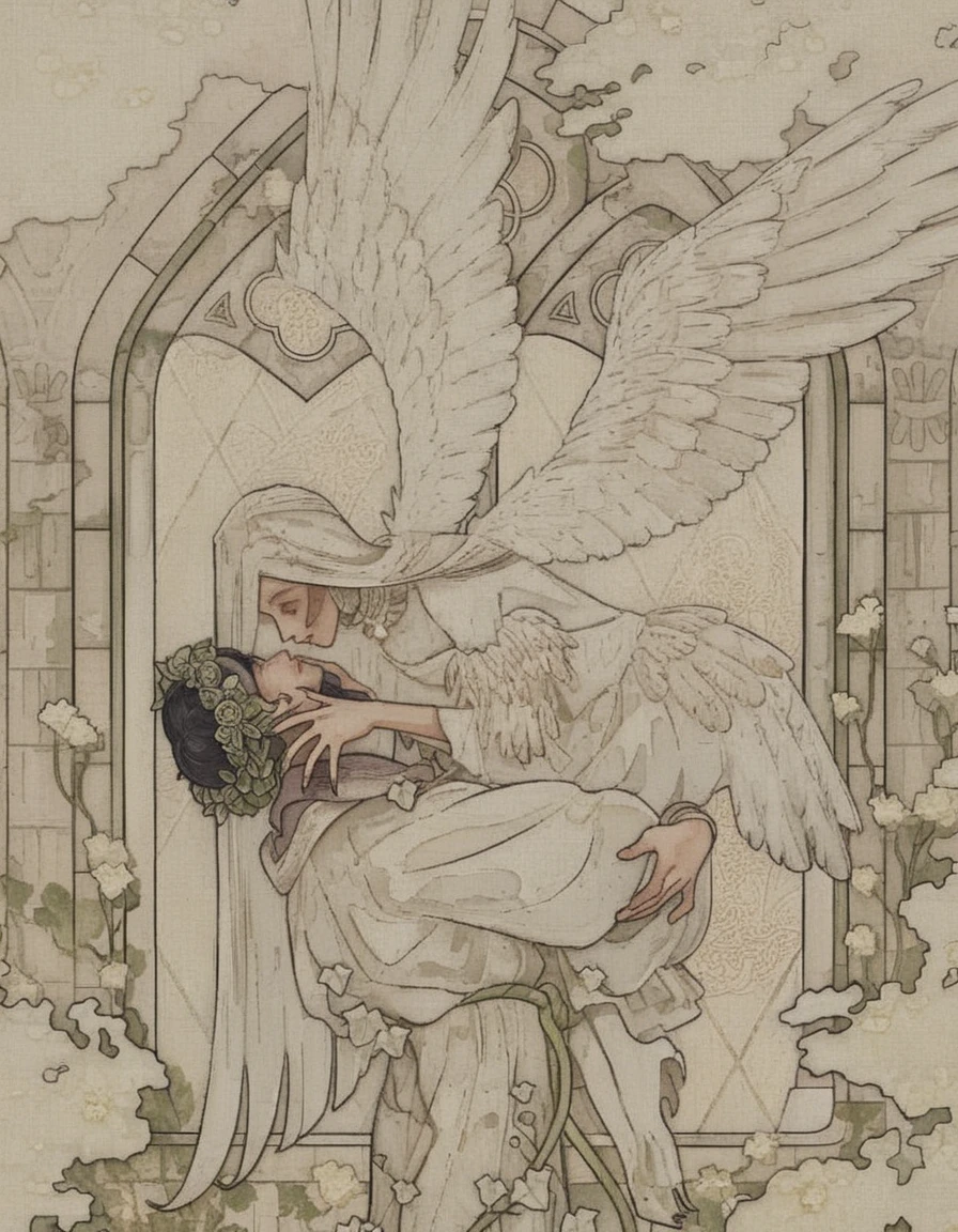 Winged woman embracing flower crowned figure by cathedral window