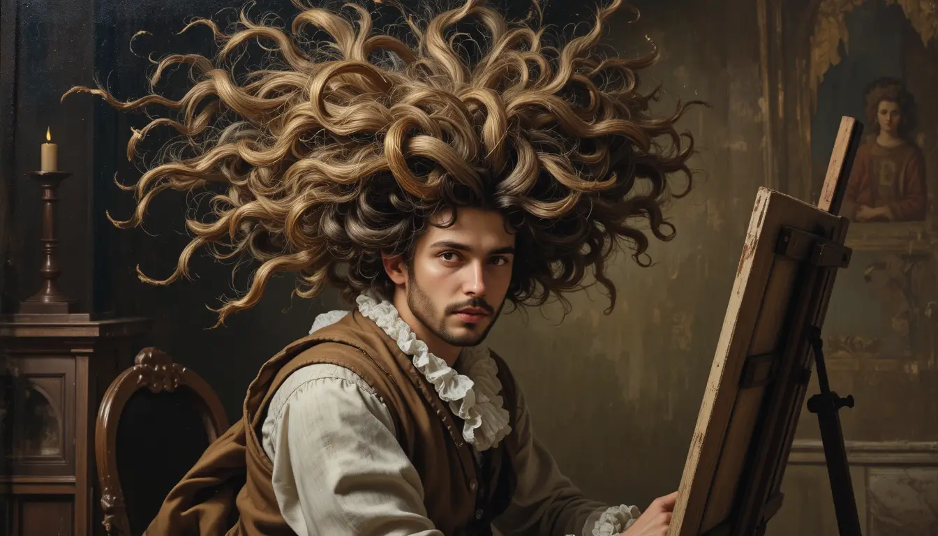 Peintre baroque aux cheveux du matin en bataille devant son chevalet
