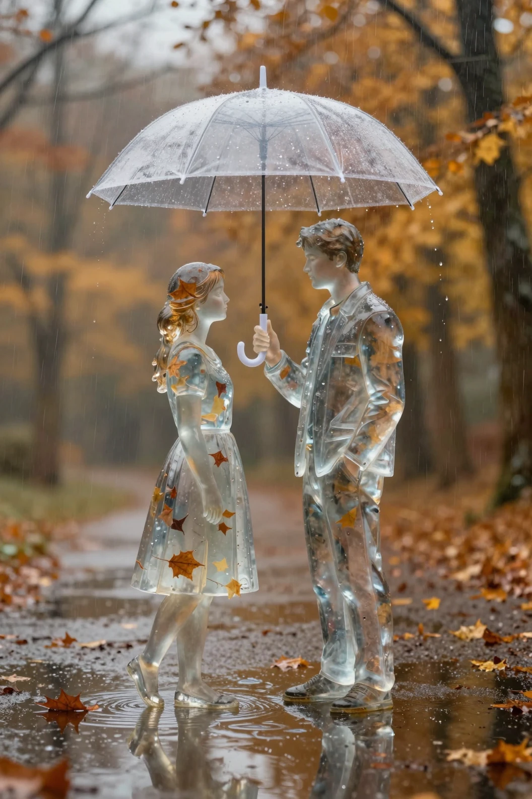 秋雨中透明雨傘下的水晶情侶