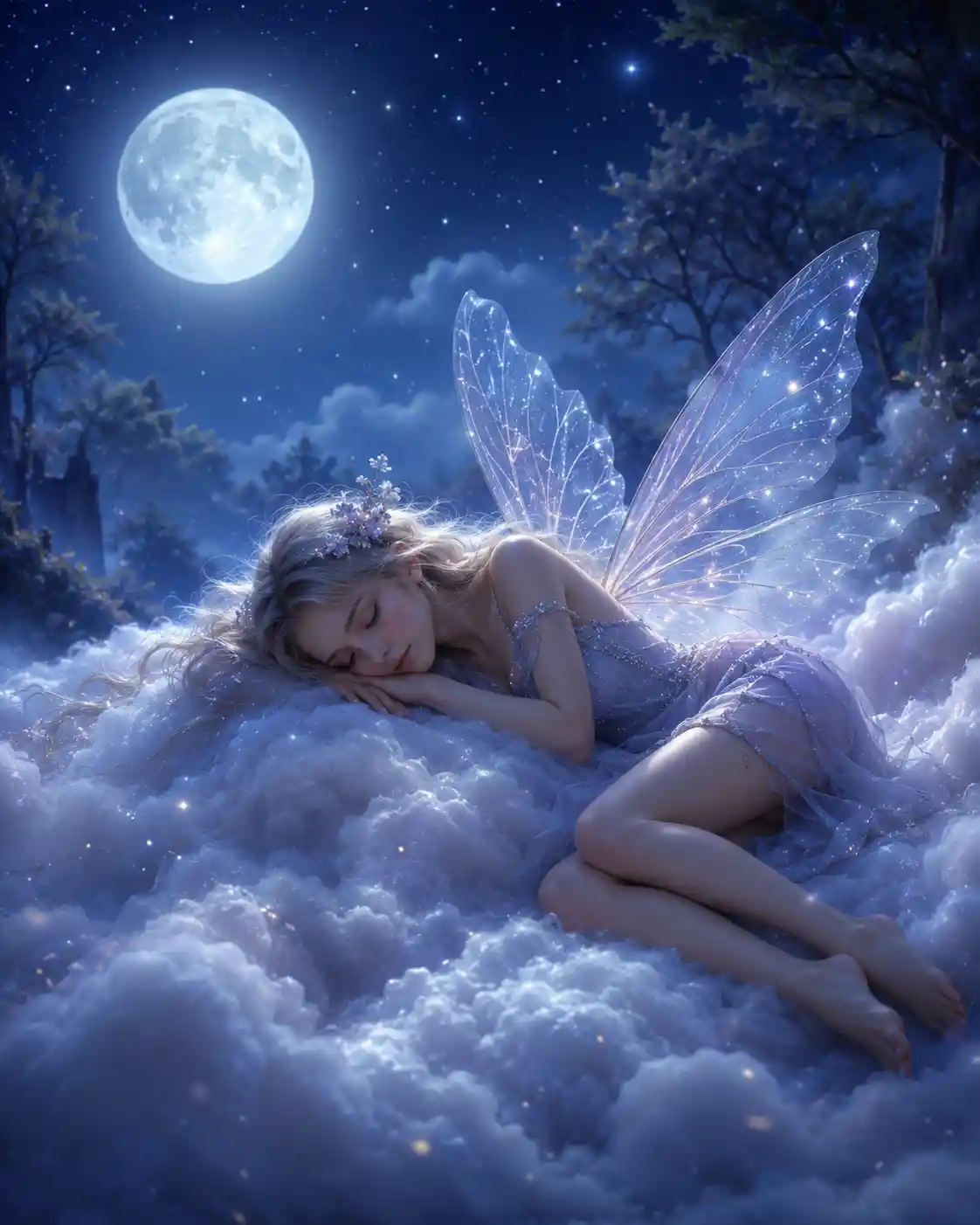 Sleeping fairy resting on soft clouds under the full moon