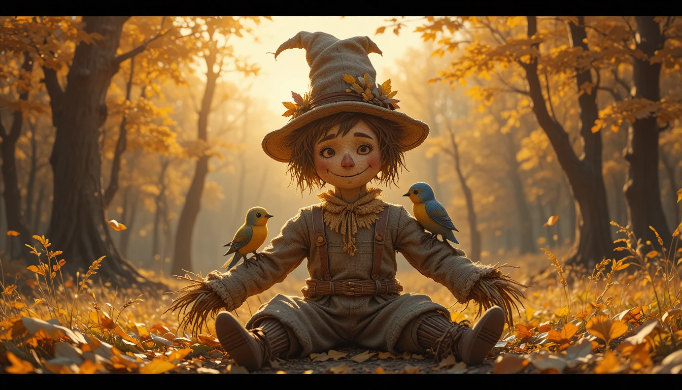 Gentle scarecrow with songbirds in a golden autumn forest