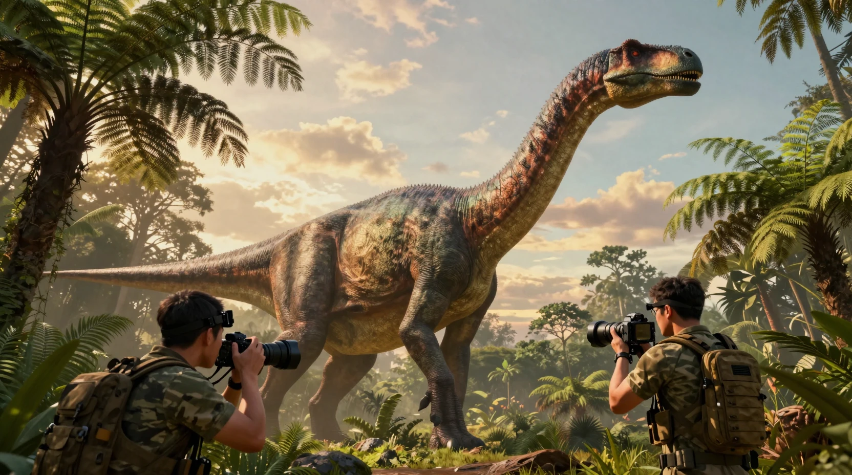 Sauropode cinématographique dominant une forêt jurassique au coucher du soleil