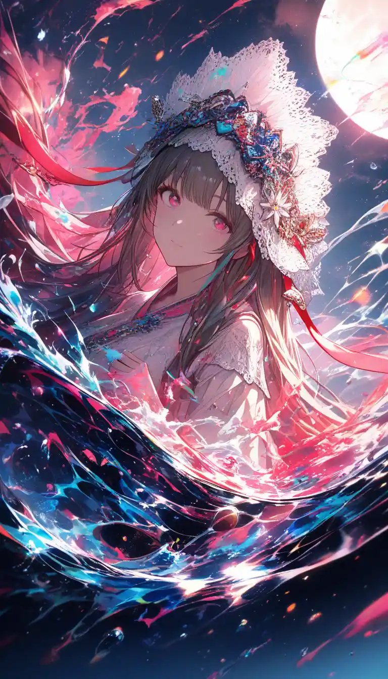 古老宮殿夜色中的繽紛墨彩少女